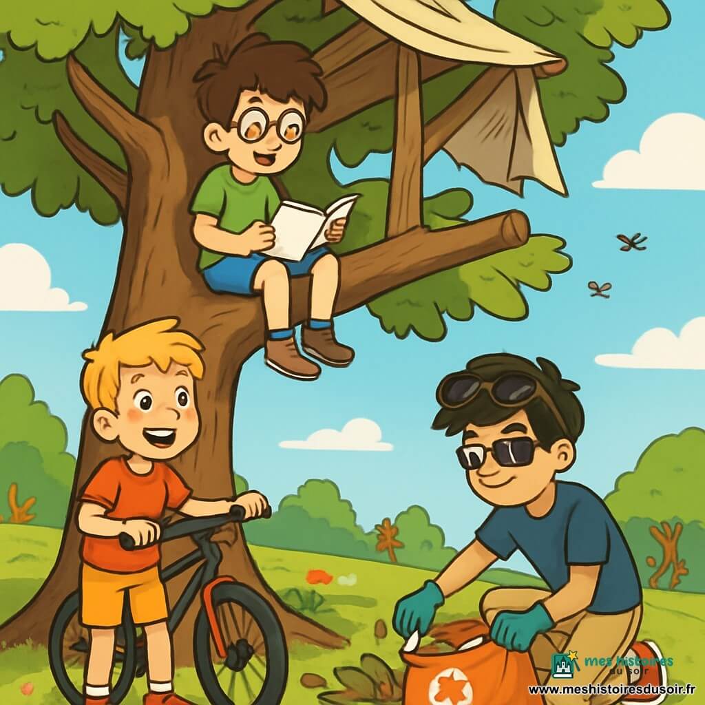 Il y a trois personnages : Élio, un garçon de 10 ans aux cheveux bruns en bataille et lunettes rondes, assis sur une branche d'un tilleul, avec un carnet sur les genoux ; Paul, également âgé de 10 ans, aux cheveux blonds et taches de rousseur, debout à côté de l'arbre avec un vélo ; et Sami, avec des cheveux noirs et lunettes de soleil, accroupi près d'un tas de feuilles pour trier des déchets. L'action se déroule dans un parc ensoleillé avec un grand tilleul, des fleurs colorées et des enfants jouant au loin. Les trois amis discutent joyeusement de la protection de la planète et célèbrent leurs petites victoires pour le climat.