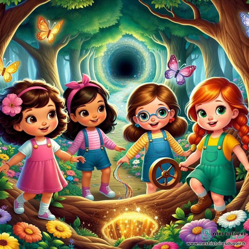 Dans une forêt enchantée, quatre petites filles de cinq ans, Lila, Zoé, Mia et Clara, se préparent pour une aventure magique. Lila, en robe rose, tient une roue en bois. Zoé, en t-shirt jaune, sourit en tenant une ficelle colorée. Mia, en salopette bleue et lunettes rondes, admire une fleur scintillante. Clara, en robe verte, désigne une noix d'or brillante dans un trou mystérieux. La forêt est pleine d'arbres majestueux et de fleurs multicolores, tandis que des papillons dansent dans l'air. Les quatre amies sont prêtes à plonger dans le trou sombre pour retrouver la noix d'or perdue de l'écureuil.