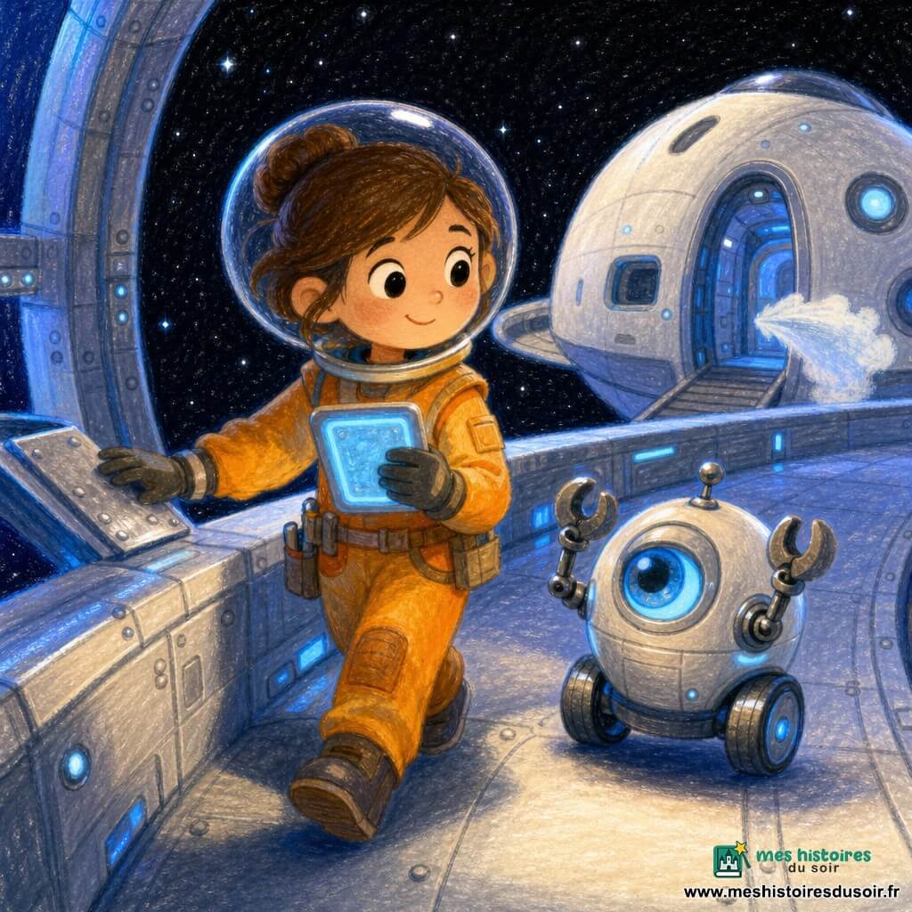 Lila, une ingénieure sereine au visage rond et souriant, porte un casque léger transparent et des gants souples; elle tient une tablette lumineuse et guide d'une main une plaque argentée sur le pont. À côté d'elle roule Piko, un petit robot compact et rond à œil bleu lumineux et pinces ouvertes en applaudissement. Aucun autre humain présent. Lieu : grand anneau métallique de la station spatiale Aurore, panneaux lisses avec vis et rivets visibles, lumières bleues douces et étoiles en arrière-plan; une navette blanche arrondie est stationnée à l’arrière, porte ouverte. Scène : calme et sécurisée, reflets argentés et ombres douces. Style : traits épais, textures pastel grasses, couleurs chaudes pour Lila et froides pour la station, contours simples et formes lisibles pour des enfants de 4 ans.