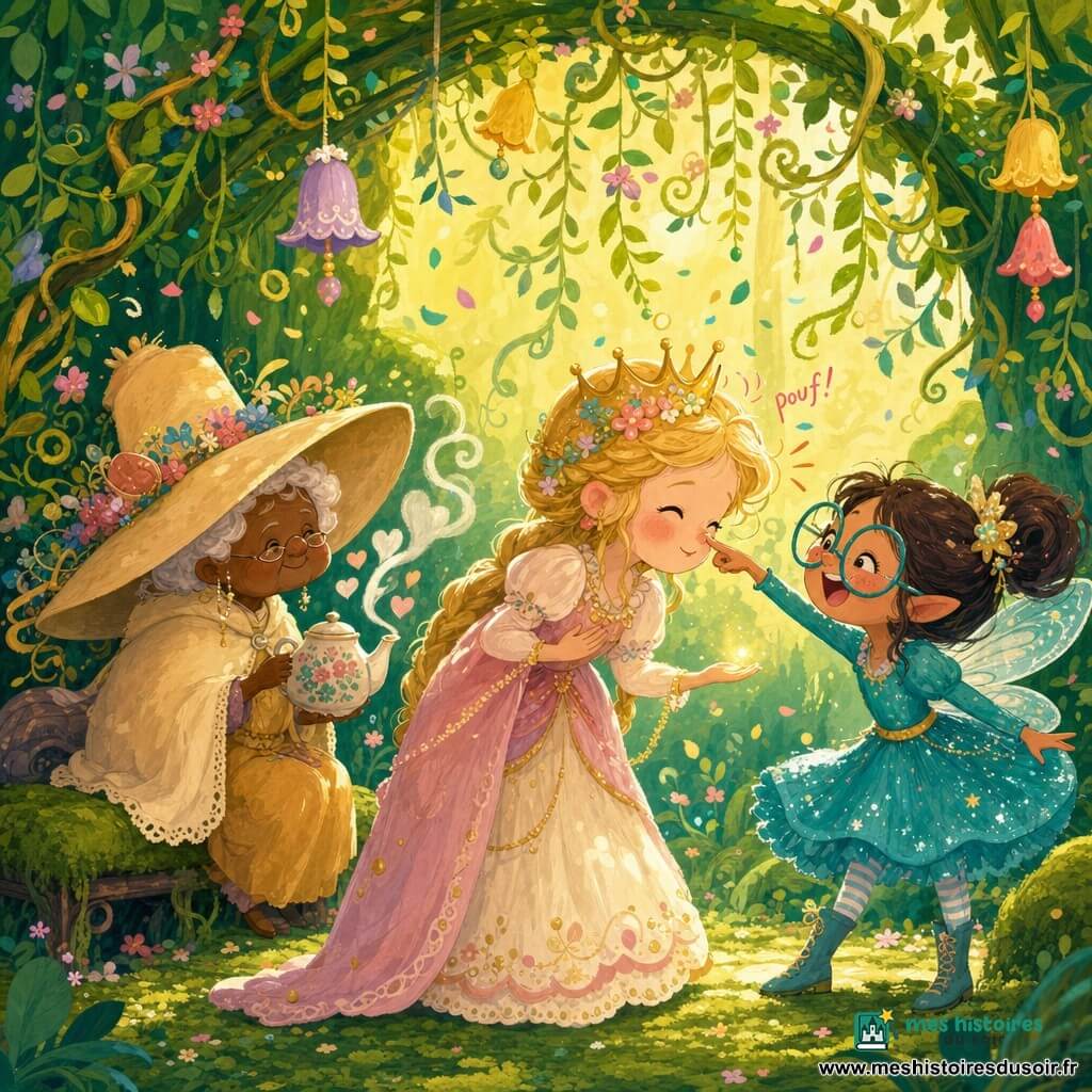 La princesse sourit, un peu gênée, visage rond, joues roses, cheveux blonds en tresses, couronne en or penchée à fleurs ; elle s’incline doucement, une main sur le cœur, l’autre offrant un petit geste lumineux. Lili-Paillette, fée espiègle d’environ 10 ans, petite, lunettes rondes trop grandes et robe turquoise à paillettes, rit à côté d’elle en tapotant le bout de son nez. Madame Gaufrette, vieille femme minuscule et bienveillante au grand chapeau et cape vanille, est assise sur un banc de mousse à gauche, tenant une théière d’où s’échappent des cœurs de vapeur et regardant les filles avec douceur. Le décor est une pergola verdoyante et chaleureuse : lianes pendantes, rubans de feuilles, clochettes fleuries, mousse au sol et taches de lumière dorée ; l’entraînement de révérence est amusant — le nez de la princesse fait un petit « pouf » sans éclabousser, les lianes semblent la chatouiller et des confettis légers volent autour, ambiance tendre et drôle en couleurs pastel vives, texture gouache apparente.