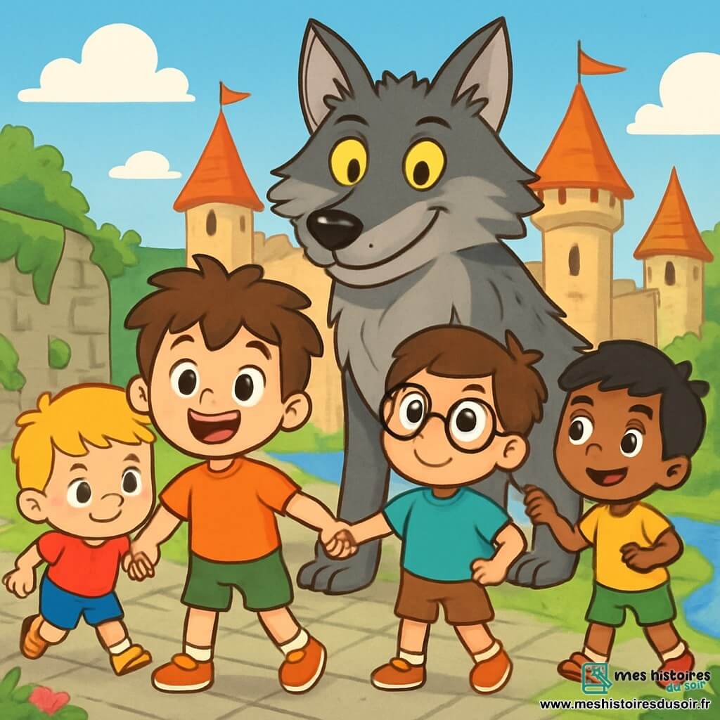 Cinq personnages se tiennent dans une cour de château enchanté : Éloi, un garçon de 6 ans aux cheveux bruns en bataille et aux yeux curieux, est au centre avec un grand sourire ; Malo, également âgé de 6 ans, a les cheveux blonds et une expression déterminée ; Tom, avec des cheveux châtains et des lunettes rondes, regarde le château avec émerveillement ; Hugo, aux cheveux noirs et à la peau mate, sourit en pointant le château. Derrière eux se trouve le grand méchant loup, une créature imposante mais amicale. L'environnement est magique, avec des murs de pierre recouverts de mousse, de grandes tours, une rivière scintillante et des fleurs colorées. Les enfants, main dans la main, font face au loup avec détermination et excitation, le château brillant en arrière-plan sous un ciel bleu.