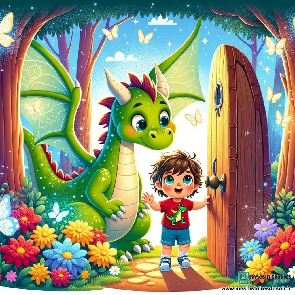 Léo, un petit garçon de 2 ans aux cheveux bruns en bataille et aux yeux curieux, se tient devant une porte magique cachée sous un buisson. Il porte un t-shirt rouge avec un dinosaure et un short bleu, affichant une grande joie. À ses côtés, Drago, un dragon gentil aux écailles vertes et aux grands yeux doux, se penche vers lui, prêt pour une aventure avec ses ailes déployées. Ils se trouvent dans une forêt enchantée, remplie d'arbres colorés et de fleurs lumineuses. Léo, émerveillé, ouvre la porte magique tandis que Drago l'encourage avec un sourire, entourés de papillons dansants qui ajoutent une atmosphère joyeuse.