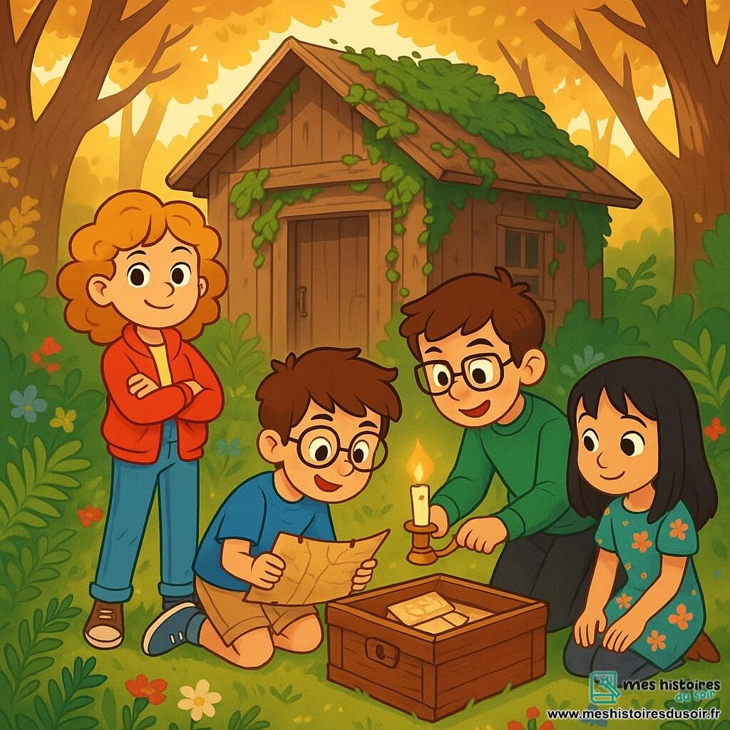 Quatre enfants se trouvent dans une clairière enchantée : Émile, 10 ans, avec des lunettes rondes et des cheveux châtains, accroupi avec une carte du parc ; Clara, 9 ans, avec des cheveux bouclés dorés, debout et souriante dans une veste rouge ; Jules, 11 ans, avec des lunettes carrées, penché sur un chandelier, vêtu d’un pull vert ; et Lila, 9 ans, assise avec une robe à fleurs, regardant avec émerveillement. Au centre, une vieille cabane en bois, entourée de fougères et de fleurs, abrite une boîte en bois remplie de lettres et d'objets mystérieux. Les enfants, éclairés par une bougie, sont excités et curieux à l'idée de résoudre une énigme menant à un trésor caché.