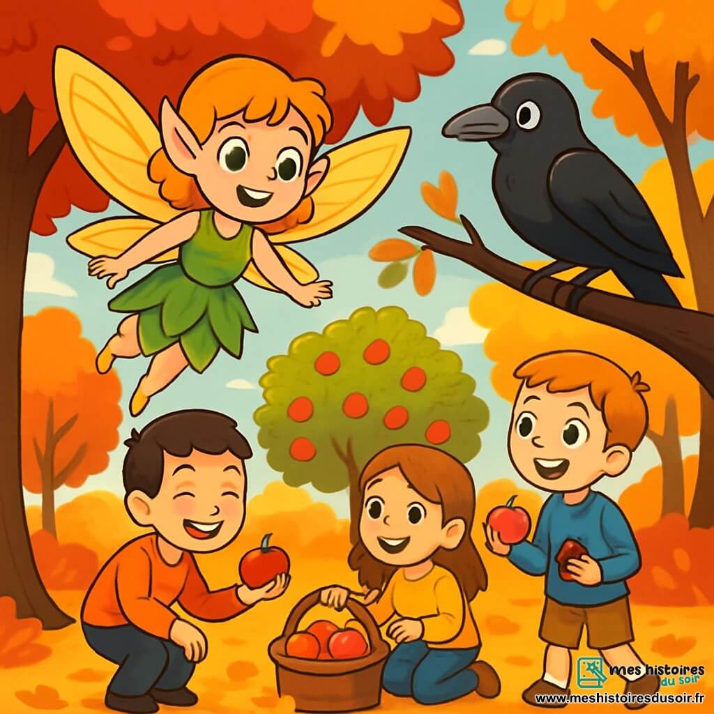Une petite fée aux ailes dorées, nommée Lumi, vole joyeusement au-dessus d'un parc automnal, vêtue d'une robe en feuilles et souriante. Un vieux corbeau noir, perché sur une branche, l'observe avec bienveillance. Près de là, des enfants ramassent des pommes rouges au pied d'un pommier, riant ensemble. Le parc est coloré d'arbres aux feuilles rouges, oranges et jaunes, le sol étant recouvert de feuilles croustillantes. La lumière dorée du soleil couchant crée des ombres sur le sol. Lumi, fascinée par la nature, s'apprête à se poser sur une branche pour observer les enfants.