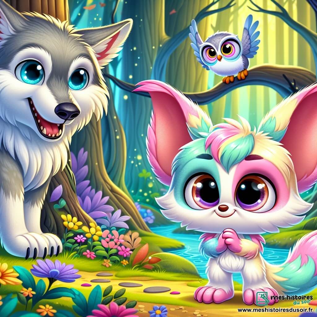Illustration d'une petite créature aux grandes oreilles et au pelage pastel, affichant un regard déterminé et un sourire malicieux, se tenant debout face à un grand loup surpris et amusé. À proximité, un hibou sage aux plumes grises et lunettes rondes observe la scène avec admiration. La scène se déroule dans une forêt enchantée, baignée de lumière dorée, avec des arbres majestueux et des fleurs colorées. La petite créature défie le loup en lui proposant un jeu de ruse, créant une atmosphère à la fois tendue et joyeuse, embellie par des papillons multicolores et des rayons de soleil.