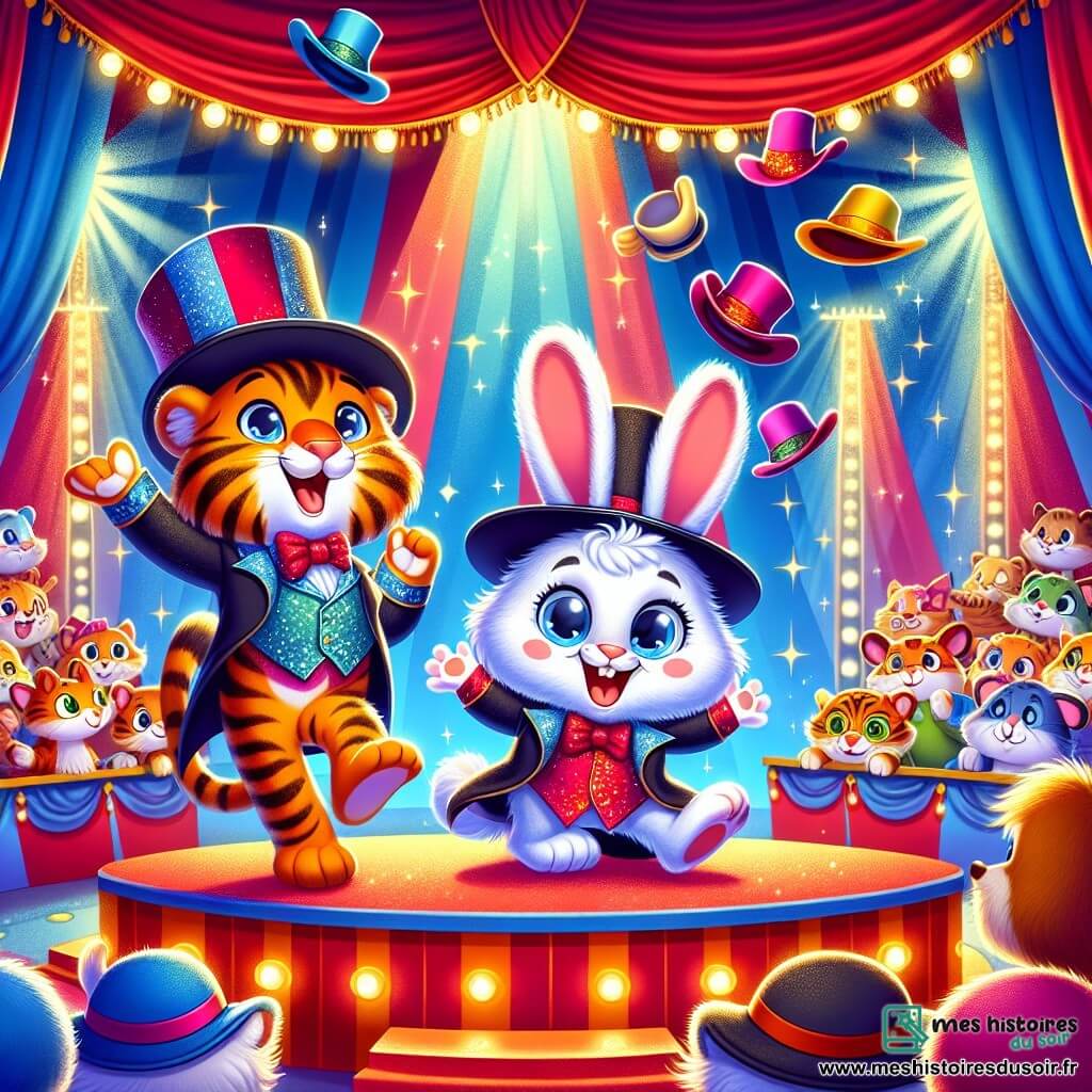 Loulou, un petit lapin aux grandes oreilles et au pelage blanc, saute joyeusement sur scène avec un chapeau haut de forme trop grand, souriant d'excitation. À ses côtés, un tigre aux rayures scintillantes, portant un chapeau de magicien, regarde Loulou avec amusement, tenant un foulard coloré. Le décor est un chapiteau de cirque aux rayures rouges et bleues, avec des lumières scintillantes et des animaux spectateurs captivés. Loulou jongle maladroitement avec des chapeaux, tandis que le tigre l’encourage, créant une atmosphère magique et joyeuse.