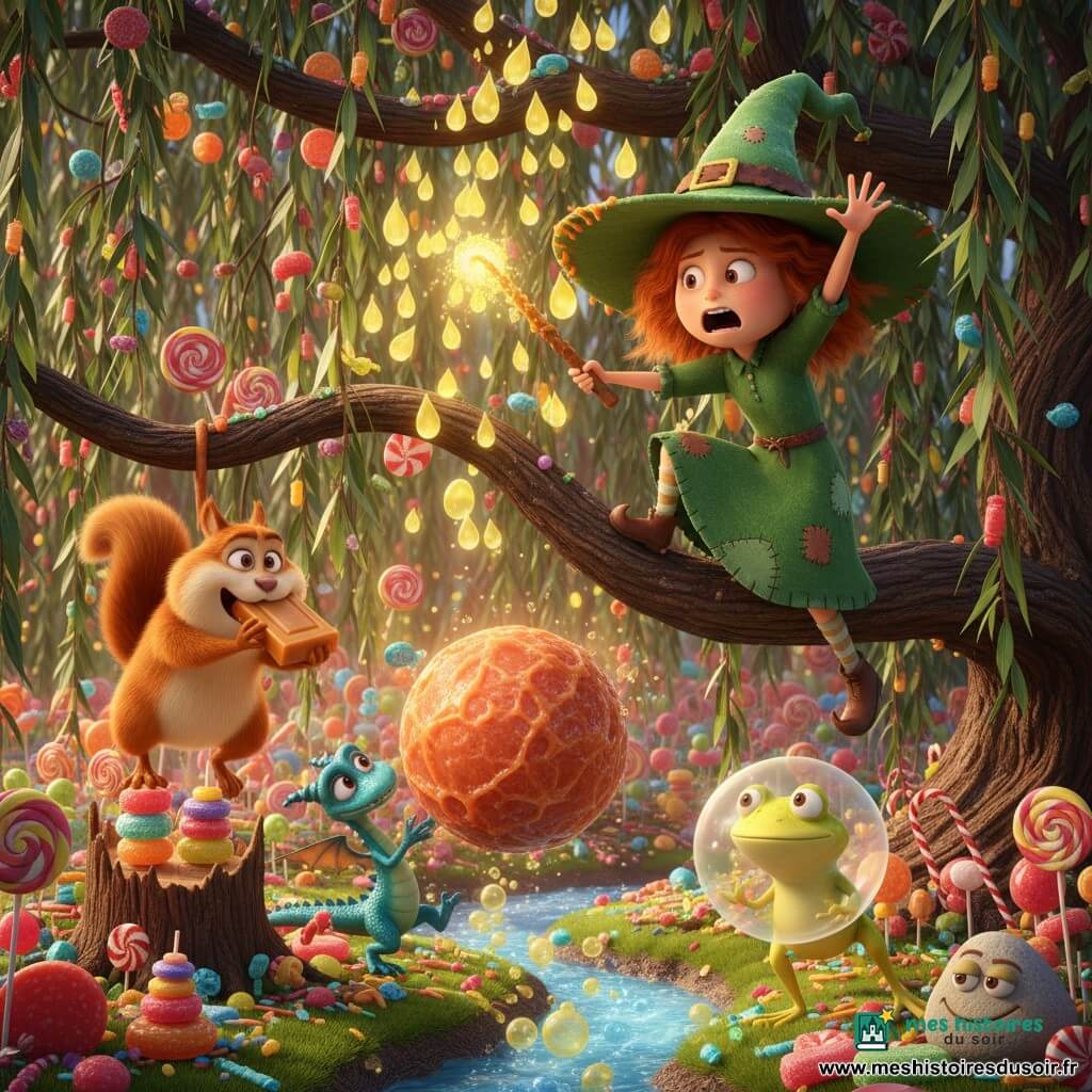 Zélie, apprentie sorcière d'environ 8 ans, joyeuse et un peu paniquée, cheveux roux en bataille, chapeau trop grand, robe verte tachée de sucre, grimpe sur une grosse branche de réglisse en brandissant une baguette collante pour lancer un contre-sort; Dracounet, petit dragon mâle de la taille d’un chat, écailles bleu-vert brillantes, est coincé dans une boule de réglisse rouge-orange qui roule près d’une souche; Momo, écureuil mâle rond et gourmand au pelage roux vif, est accroché à une branche couverte de caramels, la bouche pleine d’un gros caramel rectangulaire; une grenouille jaune fluo, yeux visibles au-dessus d’un chewing‑gum transparent qui l’enserre; Gribouillette, petit caillou souriant aux yeux peints, posé parmi des sucettes avec une expression malicieuse; la clairière de forêt est peuplée d’un grand saule dont les branches sont des mèches de réglisse noire et les feuilles des berlingots brillants, le sol est couvert de sucettes et bonbons multicolores, un ruisseau de limonade pétillante commence à couler; situation principale : une avalanche joyeuse de bonbons tombe des branches tandis que Zélie tente de renverser le sort et qu’une pluie citronnée commence à tomber, atmosphère chaotique mais ludique, couleurs vives et textures collantes et brillantes, expressions exagérées et comiques.