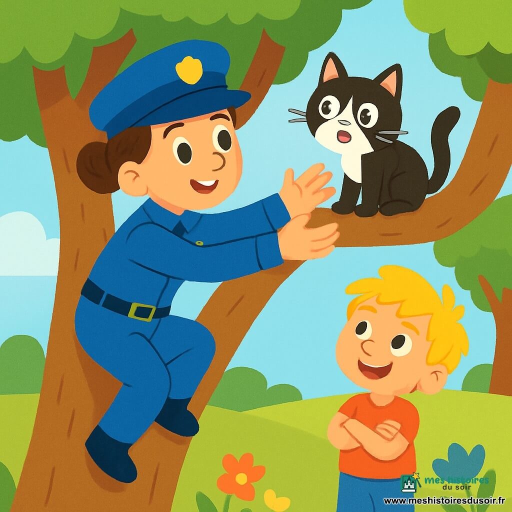 Une policière souriante, Julie, est une femme aux cheveux bruns attachés en chignon, portant un uniforme bleu vif et un chapeau. Elle grimpe doucement dans un arbre. Un petit chat noir et blanc, Max, est perché sur une branche, miaulant doucement. En bas, Léo, un garçon de 6 ans aux cheveux blonds en bataille, l'observe avec admiration, les bras croisés. La scène se déroule dans un parc ensoleillé, avec des arbres verdoyants et un ciel bleu clair. Julie tend les bras vers Max, prête à le sauver, tandis que Léo l'encourage avec un sourire plein d'espoir.