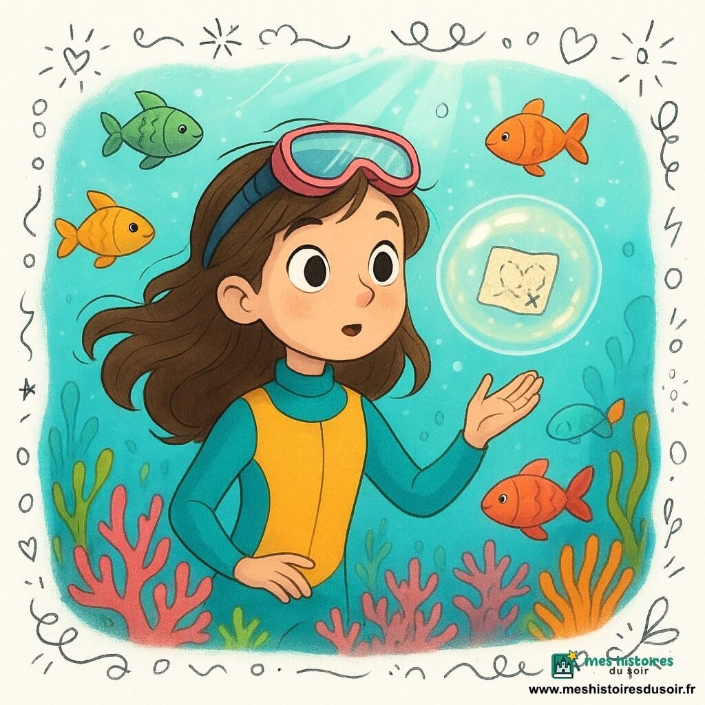 Une fille de 8 ans, Lina, avec des cheveux bruns flottants, porte une combinaison de plongée colorée et un masque sur le front. Elle regarde avec émerveillement une bulle brillante devant elle, qui contient une petite carte. Des poissons multicolores nagent autour, leurs écailles scintillant sous l'eau. Le fond marin est un jardin de corail rose, vibrant, avec des algues et des anémones colorées. L'eau turquoise est éclairée par des rayons de soleil.
