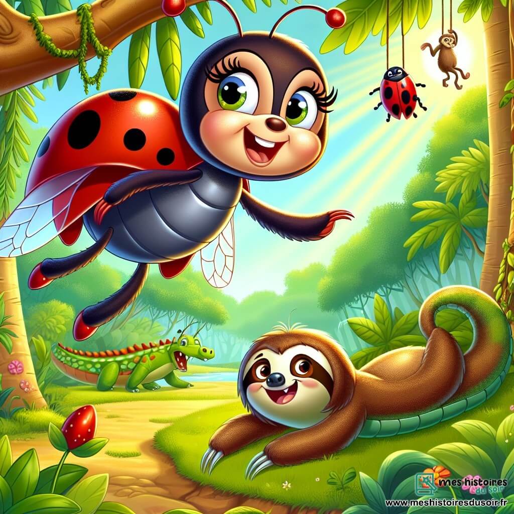 Lila, une coccinelle joyeuse au corps rouge vif et aux taches noires, vole avec enthousiasme au-dessus d'une clairière ensoleillée, prête à organiser une journée de jeux avec ses amis. À côté d'elle, Brutus le paresseux, suspendu à une branche, affiche un sourire endormi tout en se préparant à participer à la course. Léonard le crocodile, allongé sur le sol, rit en attendant son tour. La scène se déroule dans une clairière verdoyante entourée d'arbres majestueux et de fleurs colorées, créant une ambiance festive. Lila, pleine d'énergie, rassemble ses amis pour une journée de jeux hilarants dans cette jungle magique.