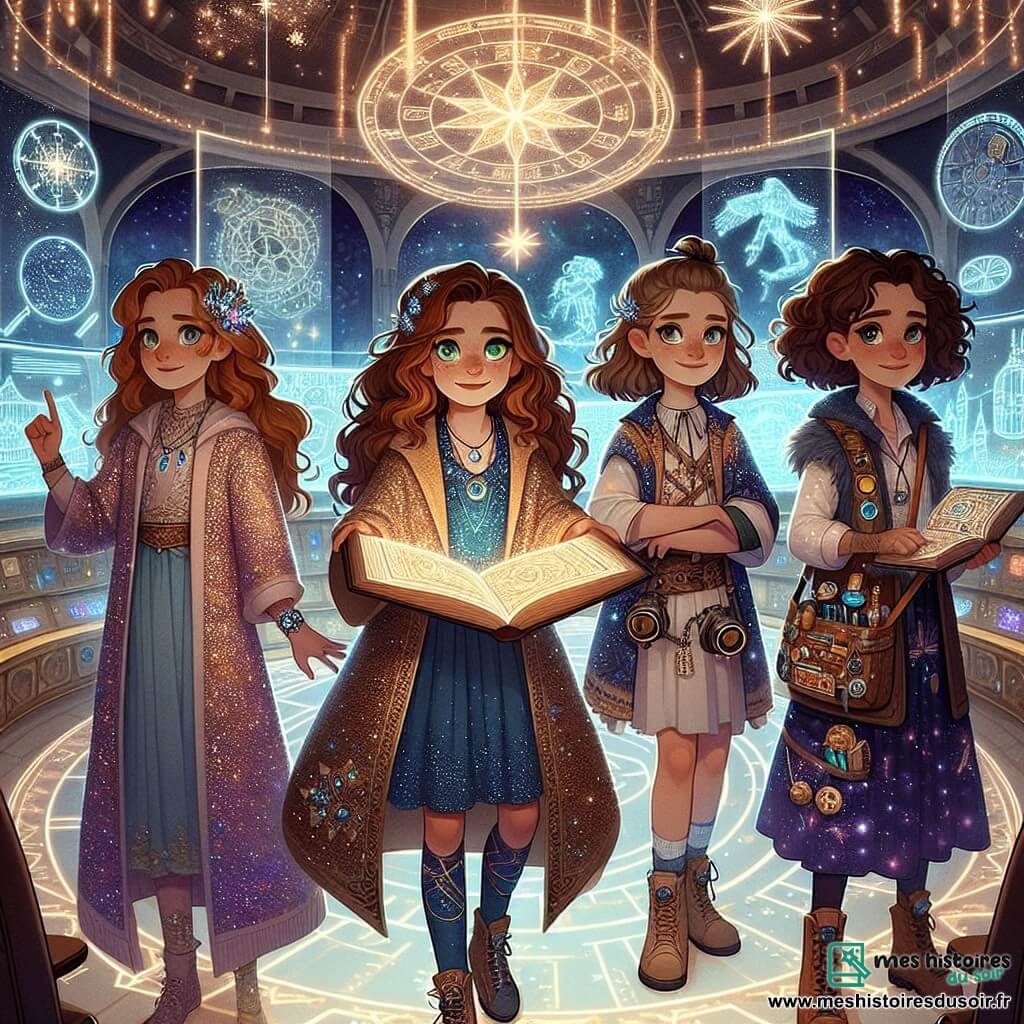 Au centre de la scène, quatre filles de onze ans se tiennent ensemble, chacune avec une expression déterminée. Amaya, aux longs cheveux auburn et yeux verts, porte une robe scintillante et tient un livre magique ouvert. À sa droite, Clara, aux cheveux blonds courts, est en combinaison futuriste avec des circuits lumineux et observe un hologramme de machines. Noémie, avec des cheveux bouclés bruns et en tunique étoilée, pointe une constellation brillante. Élise, aux cheveux châtains en queue de cheval et portant un gilet d'outils, sourit avec une carte stellaire. Elles se trouvent dans la Chambre du Conseil, une salle circulaire aux murs scintillants et ornée de cristaux luminescents. Les filles se rassemblent pour partager leurs découvertes sur l'harmonie entre magie et technologie, prêtes à unir les communautés de la Station des Étoiles Brisées pour rétablir l'équilibre.