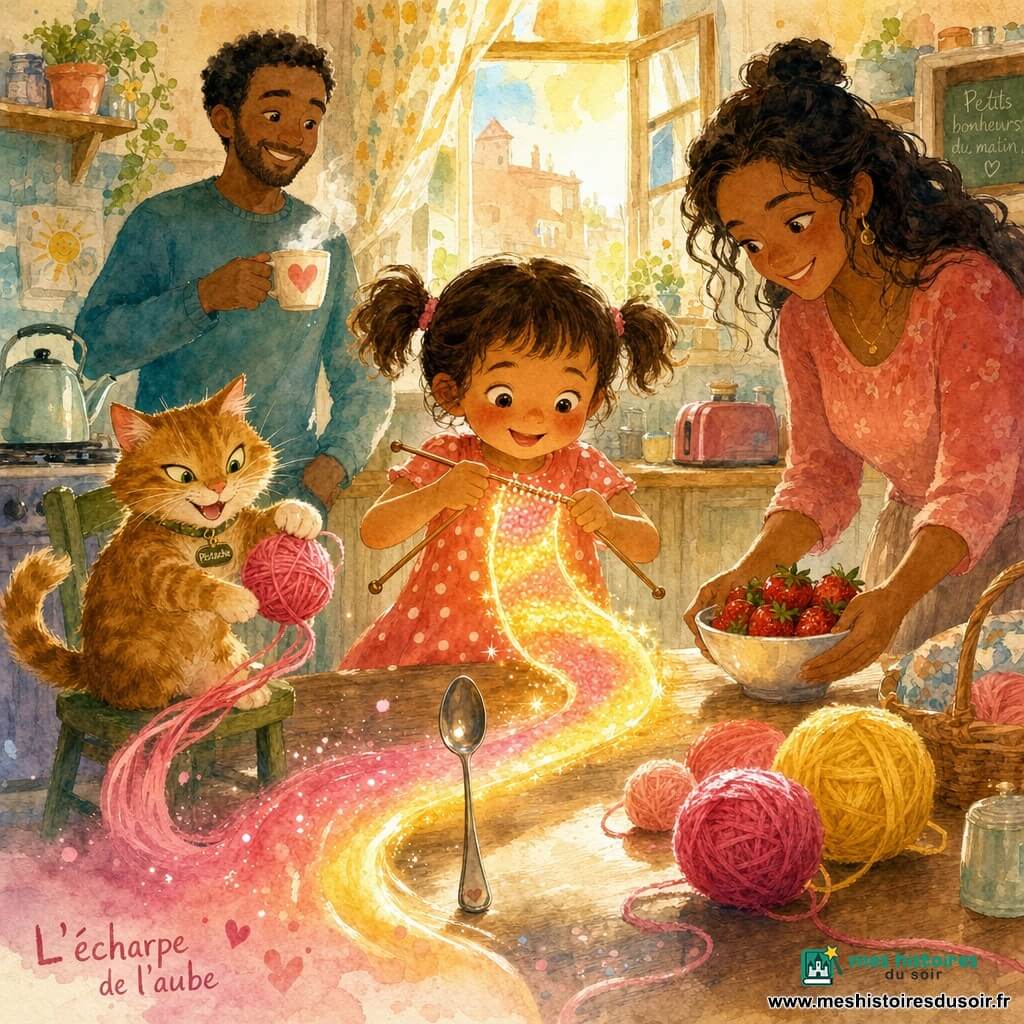 Une fillette de 4 ans, joyeuse et concentrée, cheveux bruns en couettes, porte une robe à pois corail et tricote une « écharpe d’aurore » lumineuse faite de rubans de lumière roses et jaunes; un chat roux nommé Pistache, aux yeux verts, joue à gauche avec une pelote qui déroule une trace rose sur le sol. La mère, souriante, cheveux lâchés, pose à droite un bol de fraises rouges sur la table en bois clair couverte de pelotes et d’ustensiles tandis que le père, en arrière‑plan, tient une tasse de chocolat chaud et regarde la scène; la petite cuisine chaleureuse est baignée d’un ruban de lumière matinale qui s’enroule dans la laine, rendant l’instant magique, drôle et tendre.