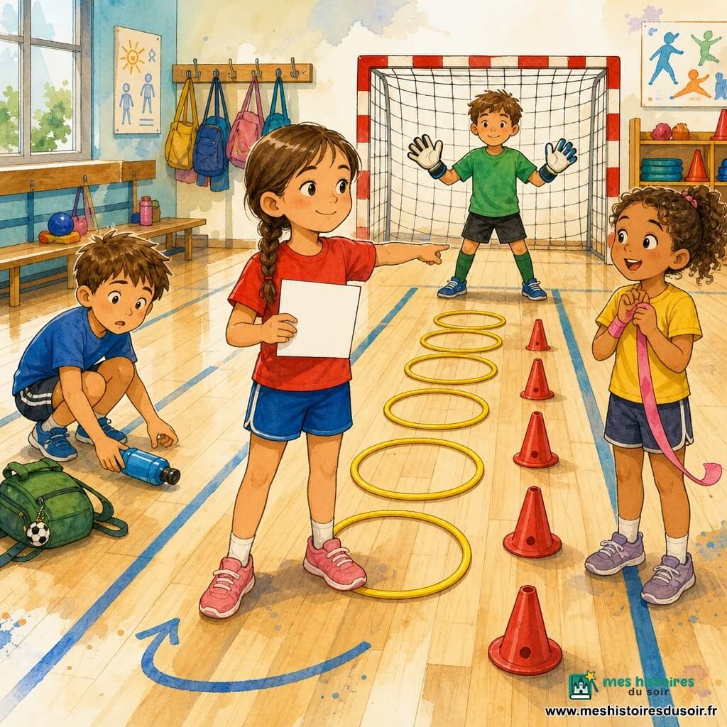 Lina, 6 ans, calme et fière, sourire confiant, cheveux châtains en natte, t-shirt rouge et short bleu, tient une carte « Capitaine » et indique le parcours ; Malo, ~6 ans, gêné, cheveux courts bruns, accroupi pour ramasser une gourde près d’un sac vert à gauche ; Sam, ~6 ans, serein et concentré, t-shirt vert et gants de gardien un peu grands, debout derrière pour protéger le but ; Inès, ~6 ans, étonnée et joyeuse, cheveux bouclés, tient un ruban rose et regarde Lina avec admiration à droite. Lieu : salle de sport lumineuse, sol en lattes claires, cerceaux jaunes, plots rouges, lignes bleues, bancs et sacs en arrière-plan. Scène : parcours d’obstacles guidé par Lina, expressions claires, gestes précis, couleurs vives et ambiance chaleureuse.