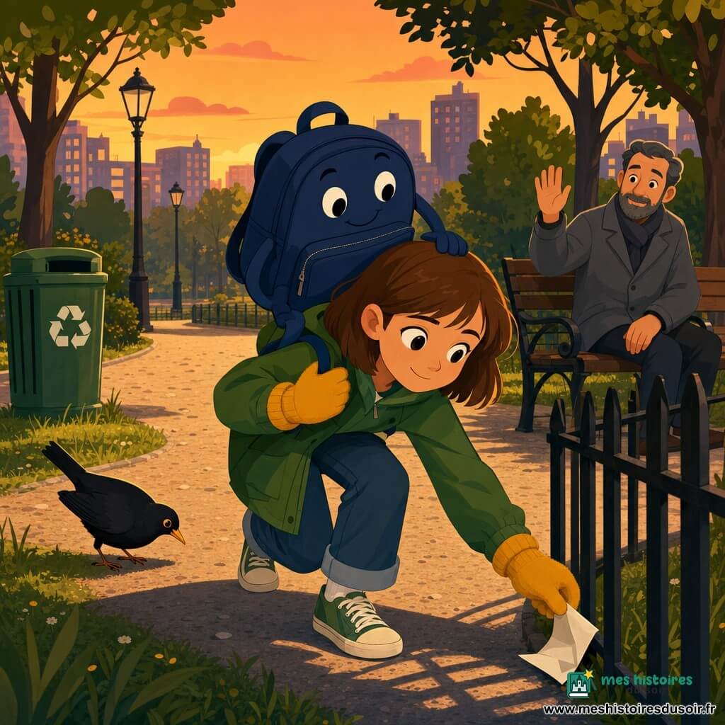 Lina, fillette d'environ 10 ans aux cheveux châtain courts, veste verte et gants jaunes trop grands, se penche pour ramasser un papier coincé contre une grille qu'elle tient à la main; son sac à dos anthropomorphe bleu marine "Milo", avec une poche avant formant un visage souriant, est attaché à ses épaules et penché vers le papier; à droite, un homme d'âge moyen en manteau gris, assis sur un banc en bois, salue de la main avec bienveillance; à gauche, un merle noir picore dans l'herbe. Le lieu est un petit parc urbain au crépuscule — herbe verte, allée de gravier beige, grille métallique noire et poubelle verte avec symbole de tri — éclairé d'une lumière orange douce aux ombres longues; scène centrée, calme et chaleureuse, montrant l'enfant ramassant un déchet pour le jeter dans la poubelle, avec couleurs vives mais apaisées, lignes nettes et formes géométriques simples.