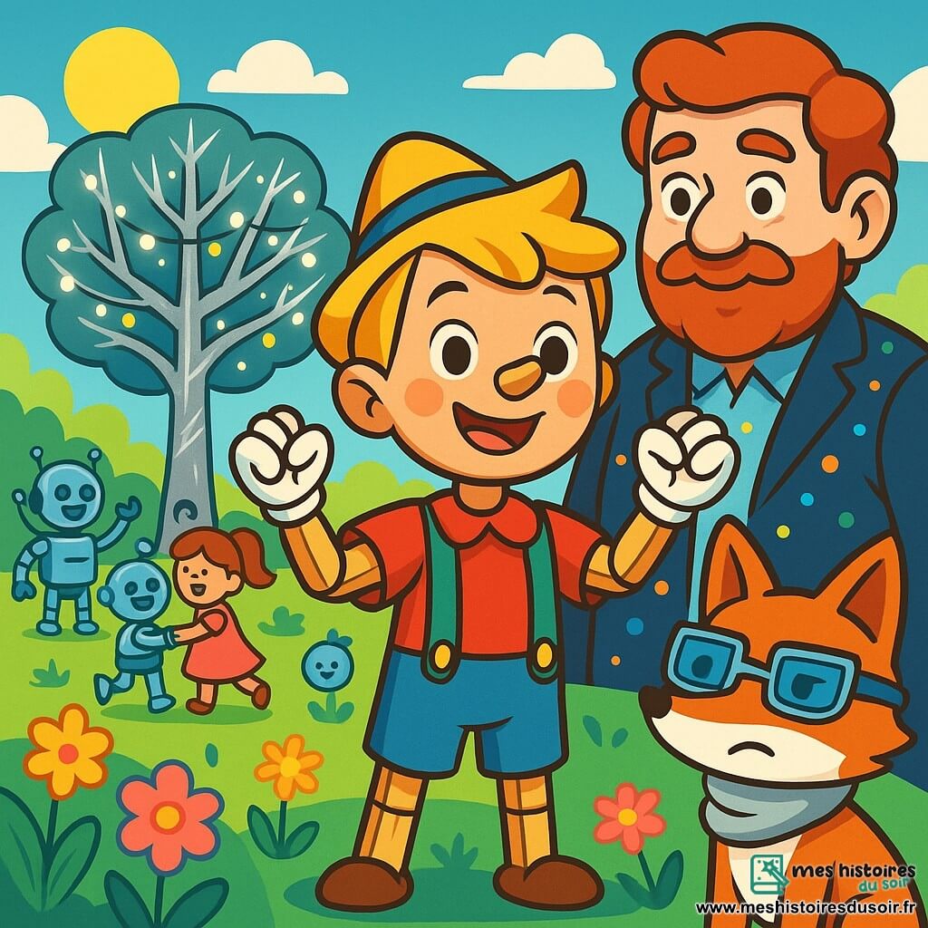 Pinocchio, un petit pantin de bois aux yeux pétillants et au sourire radieux, se tient au centre de la scène, prêt à défendre la Forêt des Robots. Il est accompagné du Renard, un animal rusé aux yeux malicieux, qui l'observe pensivement, portant des lunettes connectées et une écharpe argentée. En arrière-plan, Mangiafuoco, un homme d'âge moyen au visage nostalgique, regarde Pinocchio avec espoir, à côté d'un arbre de métal brillant. La scène se déroule dans la Forêt des Robots, un lieu magique avec des arbres en métal argenté et des robots animés qui jouent avec des enfants. Pinocchio s'adresse à Mangiafuoco pour sauver la forêt, tandis que le Renard l'encourage, illustrant l'importance de l'amitié et de la solidarité.