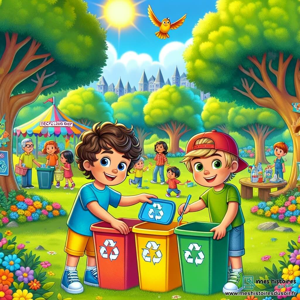 Deux garçons, Louis et Tom, se tiennent au centre d'un parc ensoleillé. Louis, 8 ans, a des cheveux bouclés et bruns, il porte un t-shirt bleu et un short jaune, tenant une affiche "Journée du Recyclage". À côté, Tom, également 8 ans, a des cheveux lisses et blonds, il porte un bonnet rouge, un t-shirt vert et un short en jean, souriant tout en montrant une poubelle colorée. Le parc est verdoyant avec des arbres majestueux, des fleurs multicolores et des enfants jouant en arrière-plan. Louis et Tom expliquent aux enfants comment trier les déchets avec des poubelles colorées : bleue pour le papier, verte pour le verre, et jaune pour le plastique. L'ambiance festive illustre l'importance de prendre soin de la planète.