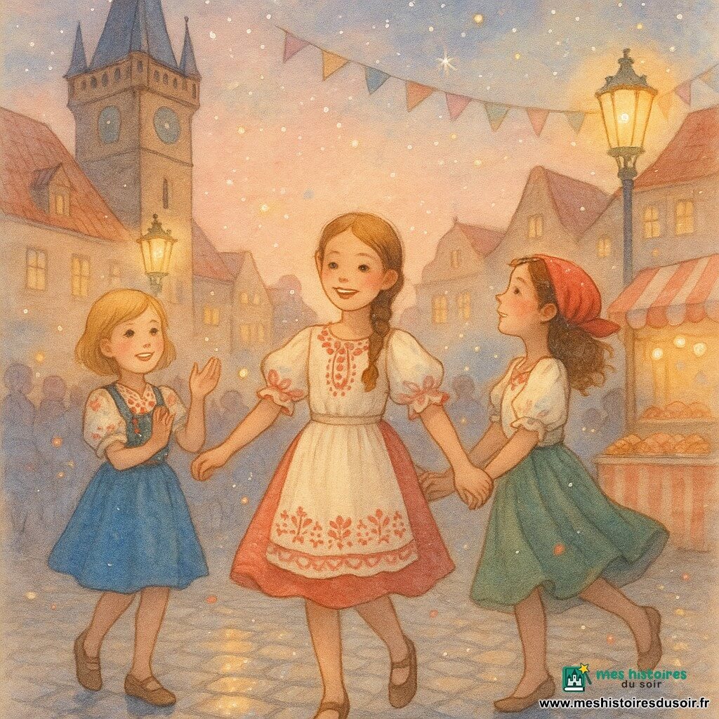 Trois filles de 12 ans dansent au centre d'une petite place pavée de Prague au crépuscule : Anaïs (cheveux châtain clair en tresse, robe folklorique crème à broderies rouges) au centre, souriante et légèrement en avant, Lucie (cheveux blonds courts, jupe bleu vif et corsage fleuri) à gauche qui applaudit en regardant le public, Clara (cheveux bruns bouclés, foulard rouge, jupe verte) à droite tenant la main d'Anaïs et regardant le ciel étoilé ; toits en tuiles orange, lampadaires anciens diffusant une lueur chaude, une horloge médiévale sur une tour à gauche, banderoles et étals de pâtisseries, jupes en mouvement, rires, spectateurs flous, confettis et pétales dans l'air, palette aquarelle douce avec rehauts lumineux sur les pavés humides.