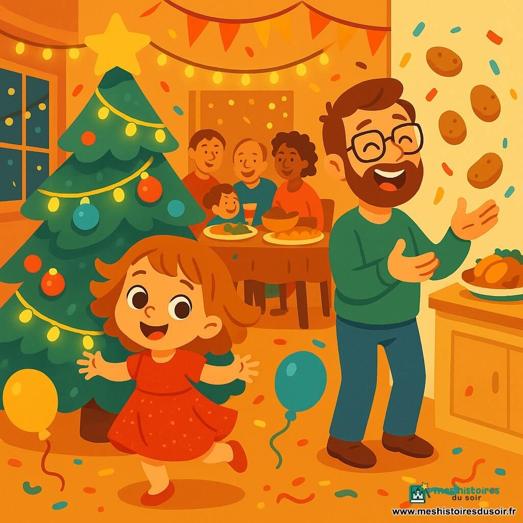 Léa, une petite fille de 4 ans aux grands yeux et au sourire radieux, porte une robe rouge à paillettes et danse joyeusement autour d'un sapin de Noël décoré. Son papa, un homme d'une trentaine d'années avec une barbe brune, jongle maladroitement avec des pommes de terre près de la cuisine, où des plats appétissants sont visibles. La scène se déroule dans un salon chaleureux, illuminé par des guirlandes, avec des ballons et des confettis au sol. Des amis et des membres de la famille partagent des rires autour d'une grande table. Léa célèbre le Nouvel An avec sa famille, attendant le décompte avant minuit dans une ambiance festive.