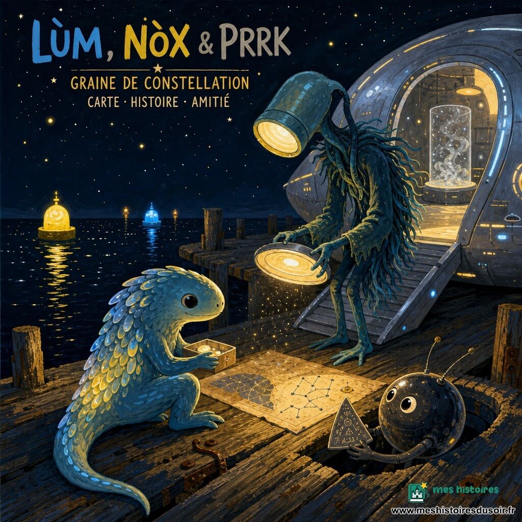 Lùm, myrénien à quatre pattes au dos d'écailles translucides aux couleurs changeantes, calme et curieux, est assis sur une jetée en bois usée, tenant une petite boîte tiède ; Nòx, grand extraterrestre mince à tête-lampe et manteau fibreux, attentif et amical, penché près de la rampe d'un vaisseau ovale métallique posé au bout de la jetée, tient un disque-lampe projetant une lumière douce ; Prrk, petit Kiv rond en verre fumé avec antennes fines, timide et reconnaissant, est visible entre les planches et montre un triangle de métal couvert de symboles ; le vaisseau a une coque argentée aux lignes lumineuses et un intérieur nacré d'où s'échappe une brume argentée ; autour, mer sombre parsemée d'étoiles réfléchies, bouées lointaines et air salin ; scène tranquille de partage — ils échangent une graine de constellation, une carte et une histoire sous une lumière chaude, dans une atmosphère d'amitié et de découverte.
