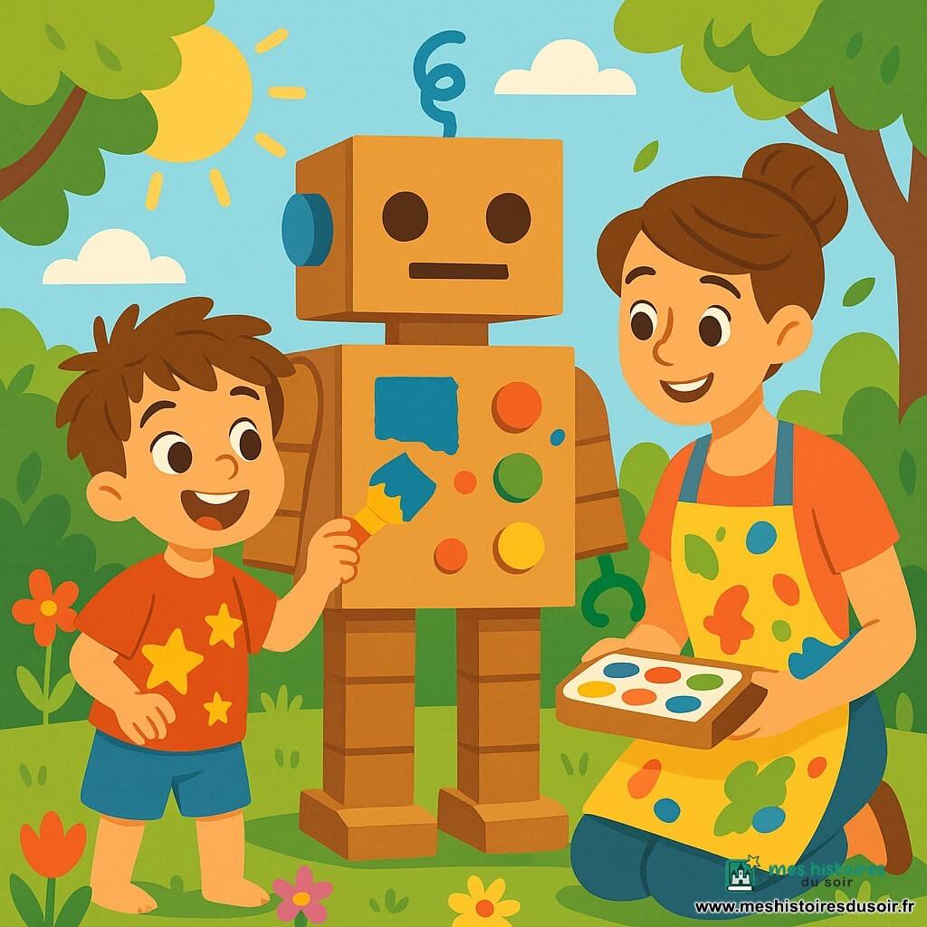 Lucas, un petit garçon de 4 ans aux cheveux bruns en bataille et aux yeux pétillants, peint un grand robot en carton dans un jardin ensoleillé. Il porte un t-shirt rouge avec des étoiles jaunes et un short bleu, affichant une grande excitation. Sa maman, une femme d'une trentaine d'années avec des cheveux châtains en chignon, l'encourage en tenant une boîte de peinture, vêtue d'un tablier coloré. Ensemble, ils créent un robot géant décoré de boutons colorés et de cure-pipes, tandis que Lucas rit, enthousiaste pour son cadeau spécial pour la fête des pères.