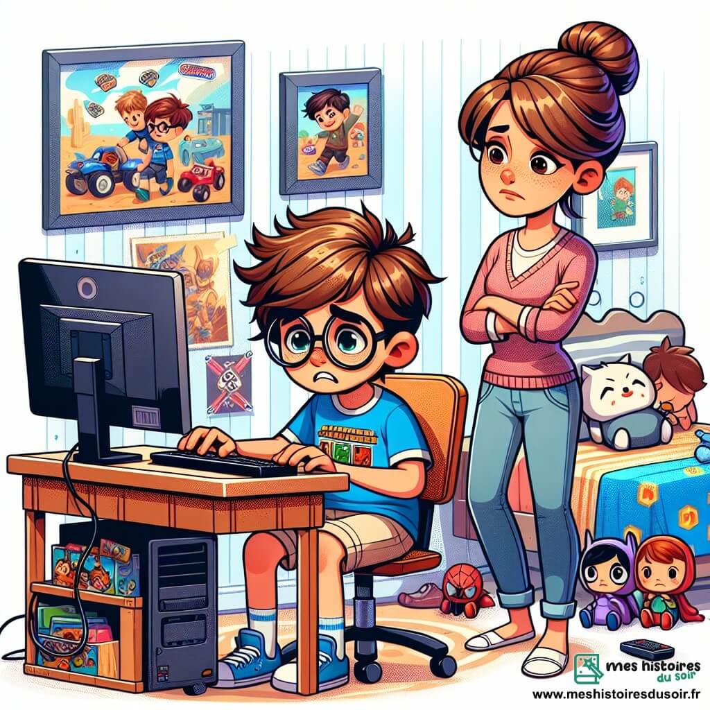 Au centre de l'image, un garçon de 10 ans, Lucas, avec des cheveux bruns en bataille et des lunettes rondes, exprime tristesse et détermination. Il porte un t-shirt bleu à motif de jeu vidéo et un short beige, assis à son bureau, les mains sur le clavier, regardant l'écran avec une expression préoccupée. À sa droite, sa maman, une femme d'une trentaine d'années avec des cheveux châtains en chignon, le regarde avec bienveillance. Elle porte un pull rose et un jean, prête à l'écouter. En arrière-plan, une chambre d'enfant colorée, avec des posters de jeux vidéo, un lit aux motifs de super-héros et des jouets éparpillés, crée une ambiance chaleureuse mais chaotique. Lucas lit un message sur son ordinateur, affecté par des mots méchants, tandis que sa maman s'approche pour lui offrir réconfort et encouragement.