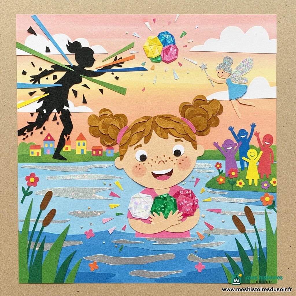 Lila, 10 ans, visage rond et taches de rousseur, cheveux bouclés châtain doré en deux couettes, regard émerveillé et déterminé, tient trois petites pierres lumineuses (blanche, verte, rose) qui projettent des éclats en papiers brillants; une minuscule fée nommée Étoile, ailes translucides pailletées et robe bleu clair en découpes de papier, vole au-dessus de son épaule en agitant une baguette; à l'arrière, l'Ombre du Désespoir, silhouette noire en papier déchiré, recule tandis que des lanières colorées repoussent ses contours; sur la rive, quelques villageois en silhouettes colorées découpées, mains levées et sourires indiqués par de petits traits blancs, regardent joyeusement; décor : un lac calme aux reflets en papiers bleus et argentés sous un ciel rose pâle, rives de roseaux verts découpés, maisons simples en rectangles et triangles de papier et fleurs en confettis; la scène montre Lila rassemblant lumière, vie et amour — les trois pierres flottent au-dessus de l'eau en formant une sphère de papiers superposés, victoire de la couleur sur l'ombre, contrastes nets et textures de papier visibles.