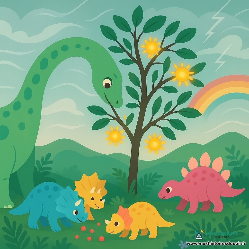 Un grand diplodocus femelle nommé Liora au long cou sinueux, peau vert pastel à taches turquoise, regard bienveillant, se penche sans briser la branche pour cueillir une baie-soleil dorée ; derrière elle, un petit groupe de triceratops juvéniles colorés (carapaces bleu, jaune et rose, cornes courtes), souriants et attentifs, ramassent des baies en contournant les fougères ; un jeune stégosaure timide aux plaques rose pâle suit à droite, queue basse et air reconnaissant. Au sommet des Collines Tourbillonnantes, un arbre chargé de baies-soleil brillantes comme des mini soleils sur des branches fines et luisantes, entouré de fougères vert émeraude et de petites fleurs mauves. Le ciel présente des stries argentées, éclairs doux, rubans de brume tourbillonnante et un arc-en-ciel naissant. Scène principale : cueillette respectueuse et calme, travail d’équipe et soin des plantes, lumière douce, couleurs chaudes, composition centrée sur Liora et l’arbre lumineux.