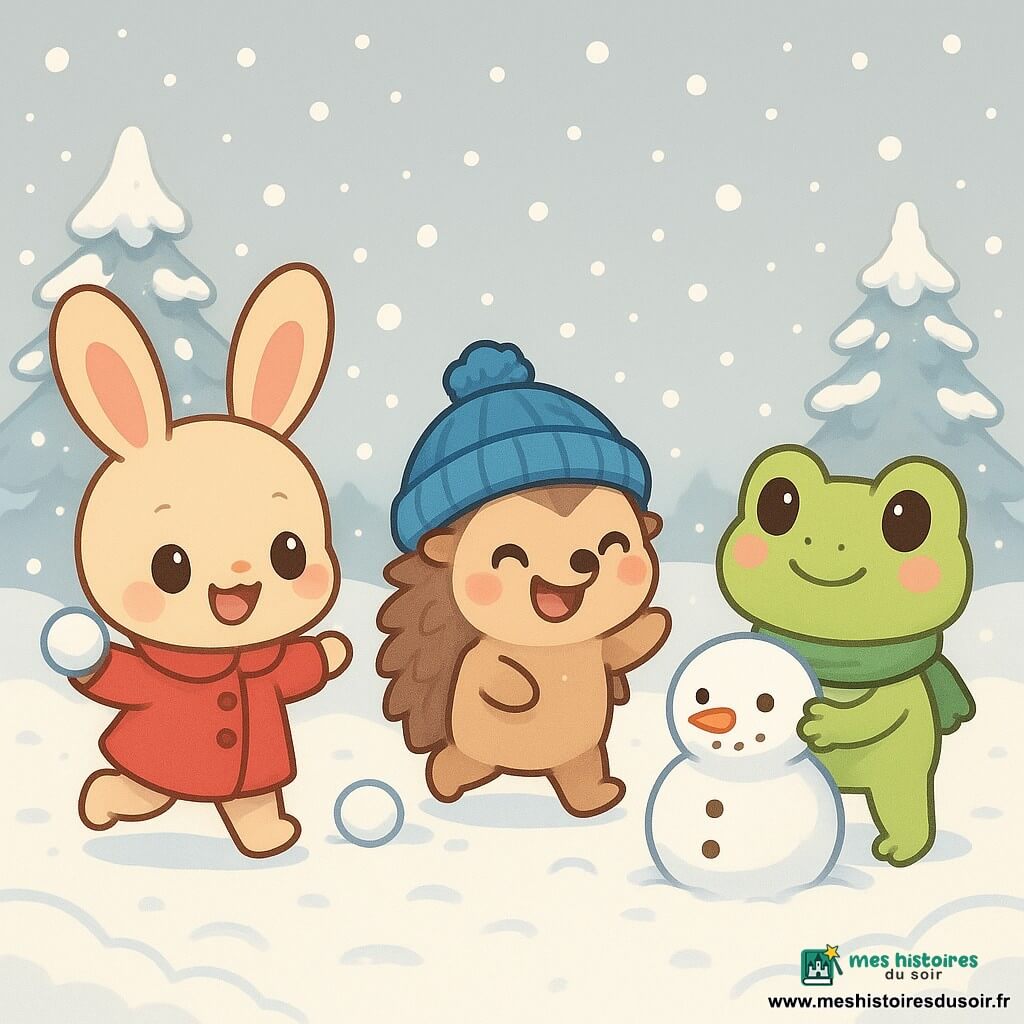 Noisette le lapin, avec ses oreilles douces et son manteau rouge, joue joyeusement dans la neige. À ses côtés, Malo le hérisson, portant un bonnet bleu, rit en lançant une boule de neige. Lila la grenouille, avec une écharpe verte, sourit en construisant un bonhomme de neige. Le paysage est enneigé avec des arbres blancs et un ciel gris clair. La scène principale montre une bataille de boules de neige amicale entre les amis, entourés de flocons tombant doucement.
