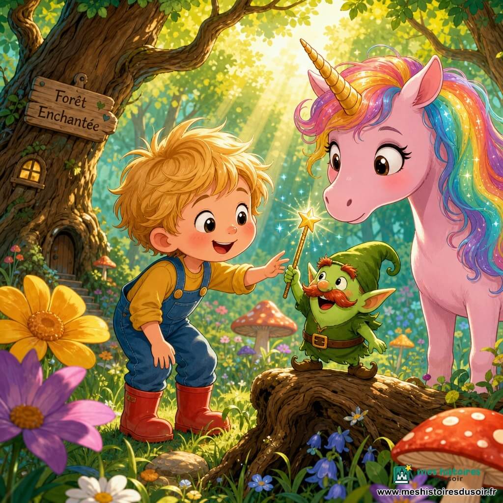 Timothée, garçon de 4 ans, cheveux blonds en bataille, joues rondes et grand sourire émerveillé, en salopette bleue et bottes rouges tend la main vers Lulu, petit lutin vert au corps rond et moustache rousse perché sur une racine, qui brandit joyeusement sa baguette magique brillante; une grande licorne rose à la crinière arc‑en‑ciel scintillante, aux yeux doux, se tient en retrait à droite en reniflant la baguette; la scène se déroule dans une clairière ensoleillée d'une forêt enchantée, herbe haute, fleurs et champignons colorés, rayons de lumière entre les arbres, ambiance tendre et humoristique, couleurs vives, contours nets et expressions exagérées.