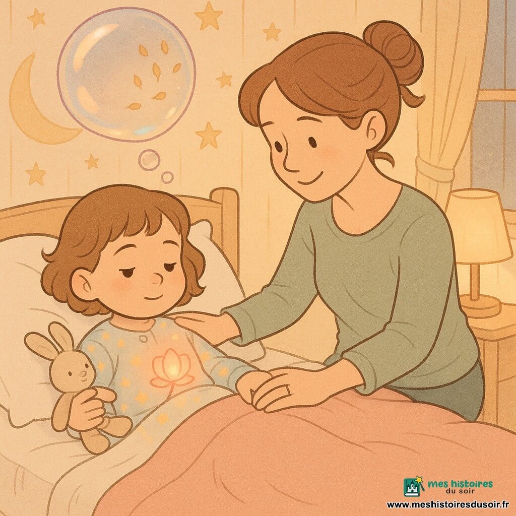 Fille de 2 ans au visage serein, yeux noisette, joues rondes, cheveux bruns bouclés coupés au carré, en pyjama pastel à motifs d’étoiles, allongée dans son lit en coton blanc et serrant un petit lapin beige contre sa poitrine; la maman d’environ 30 ans, cheveux châtain en chignon lâche et sourire doux, est assise au bord du lit et rabat une couverture en laine rose en posant la main sur l’épaule de sa fille; une petite fleur lumineuse aux pétales rose-orangés orne le ventre de l’enfant et une grande bulle translucide, irisée, flotte au‑dessus de sa tête avec de minuscules feuilles dorées qui s’éloignent; chambre chaleureuse aux murs crème avec un grand motif lune et étoiles, lit en bois clair, lampe de chevet diffuse une lumière ambrée et rideaux agités par une brise légère — ambiance calme, pastels chauds et textures douces, magie rassurante centrée sur la fillette veillée par sa mère.