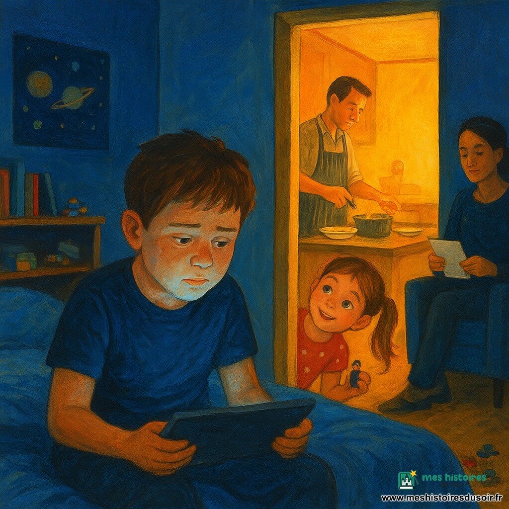 Noé, 12 ans, assis sur son lit éclairé par la lueur bleue d’une tablette, visage rond et taches de rousseur, regarde penché; sa sœur d’environ 7 ans, en robe rouge à pois, coiffée en couettes, sourit dans l’encadrement de la porte en tenant une minifigurine Lego; le père, tablier rayé, sert des pâtes dans la cuisine baignée d’une lumière chaude orange, tandis que la mère, cheveux attachés, est assise à distance avec une liste de courses, dans l’ombre douce du salon; la chambre semi-obscure, couvertures en lin bleu, posters d’astronomie et Legos au sol, ouvre sur la cuisine; fort contraste entre la froideur de la tablette et la chaleur du foyer, créant une atmosphère intime de tiraillement, rendue en acrylique aux couleurs saturées et coups de pinceau visibles.