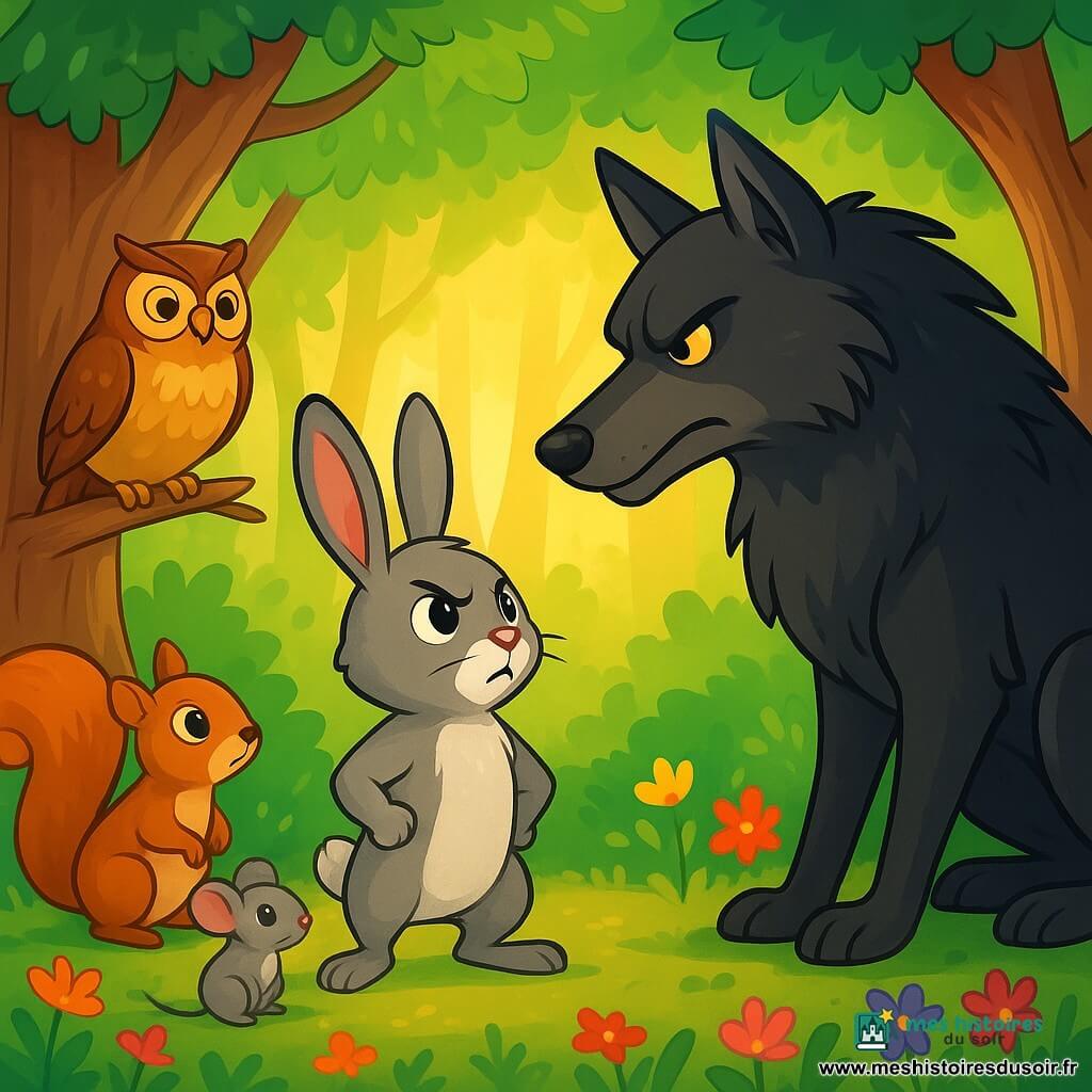 Un petit lapin nommé Léo se tient courageusement au centre de la scène, prêt à affronter le grand méchant loup. À sa droite, un hibou sage observe Léo avec fierté, tandis qu'à gauche, un groupe d'animaux, dont un écureuil et une souris, exprime à la fois inquiétude et espoir. Le décor est un bois enchanté avec des arbres majestueux et des fleurs colorées. Léo fait face à un loup hésitant, et l'atmosphère est tendue mais pleine d'espoir, les animaux s'unissant autour de lui.