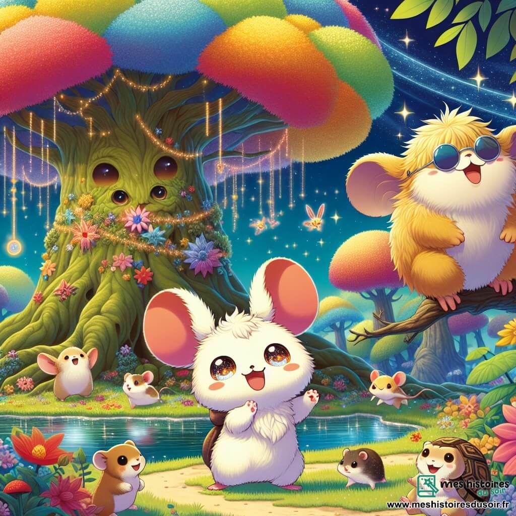 Nibou, un petit personnage aux grandes oreilles et au pelage duveteux, danse joyeusement sous un arbre géant aux feuilles colorées, avec un sourire éclatant. À ses côtés, Glouglou, un hamster doré, rit de bon cœur sur une pierre, visiblement excité. Ils se trouvent dans un village magique rempli de fleurs géantes, de rivières scintillantes et d'arbres en sucre, sous un ciel étoilé où des lucioles dansent. Nibou et Glouglou s'amusent ensemble, entourés d'animaux souriants, en essayant de faire rire une tortue portant des lunettes de soleil et un chapeau en paille, qui éclate de rire grâce à une plume magique que Nibou tient.