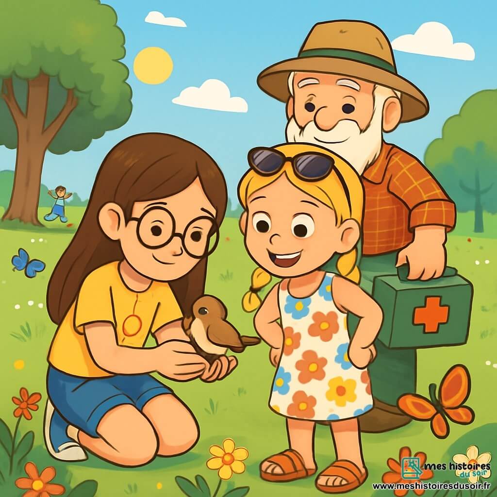 Trois personnages sont présents : Léa, une fille de 9 ans aux longs cheveux bruns et lunettes rondes, accroupie avec un petit oiseau dans les mains, affichant un regard doux. Zoé, également âgée de 9 ans, a des cheveux blonds en tresses, des lunettes de soleil sur la tête, et porte une robe à fleurs colorées, se tenant à côté de Léa avec un sourire enthousiaste. Monsieur Pierre, un homme âgé à la barbe blanche et chapeau de jardinier, est derrière elles avec une trousse de soins pour animaux. L'action se déroule dans un parc verdoyant, ensoleillé, où Léa et Zoé s'emploient à sauver un oiseau blessé, évoquant camaraderie et respect pour la nature, avec des couleurs vives et des expressions transmettant un message d'espoir pour l'environnement.