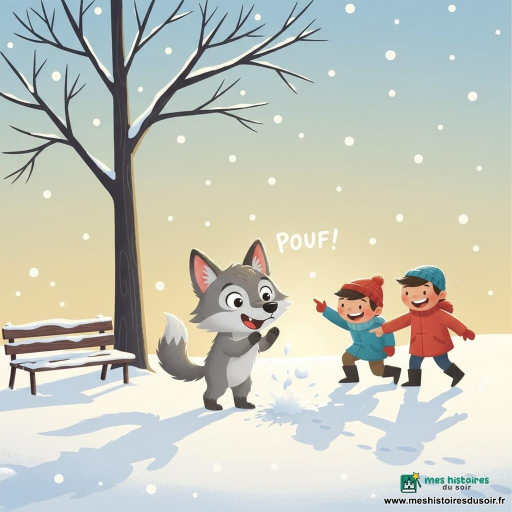 Un petit loup enfantin au pelage gris doux, grandes oreilles rondes et queue touffue rit, surpris et joyeux tandis qu'une boule de neige éclate en nuage blanc près de ses pattes; deux enfants en arrière à droite, bonnets rouge et bleu et manteaux épais — l’un accroupi lançant la boule, l’autre riant et pointant —, une barrière en bois basse et un banc enneigé à gauche, un gros arbre sans feuilles, des traces de pas dans la neige, flocons blancs qui tombent et ciel bas doré du soleil d’hiver créant une lumière chaude en contre-jour; composition simple aux couleurs pastel (gris chaud, bleu pâle, touches de rouge) capturant un moment drôle et tendre.