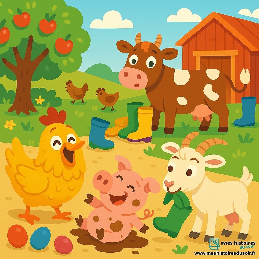 Une poule nommée Poupoule, avec des plumes dorées et des yeux pétillants, rit au centre de la scène. À côté, un cochon rose nommé Gaston fait des roulades dans la terre, tandis qu'une chèvre blanche, Simone, grignote une botte en caoutchouc. En arrière-plan, une vache rousse, Marguerite, se tient près d'un tas de bottes colorées. La scène se déroule dans la cour d'une ferme, entourée de champs verdoyants et d'un pommier en fleurs, où les animaux jouent ensemble à cache-cache, avec des œufs colorés dispersés autour d'eux, créant une ambiance joyeuse.