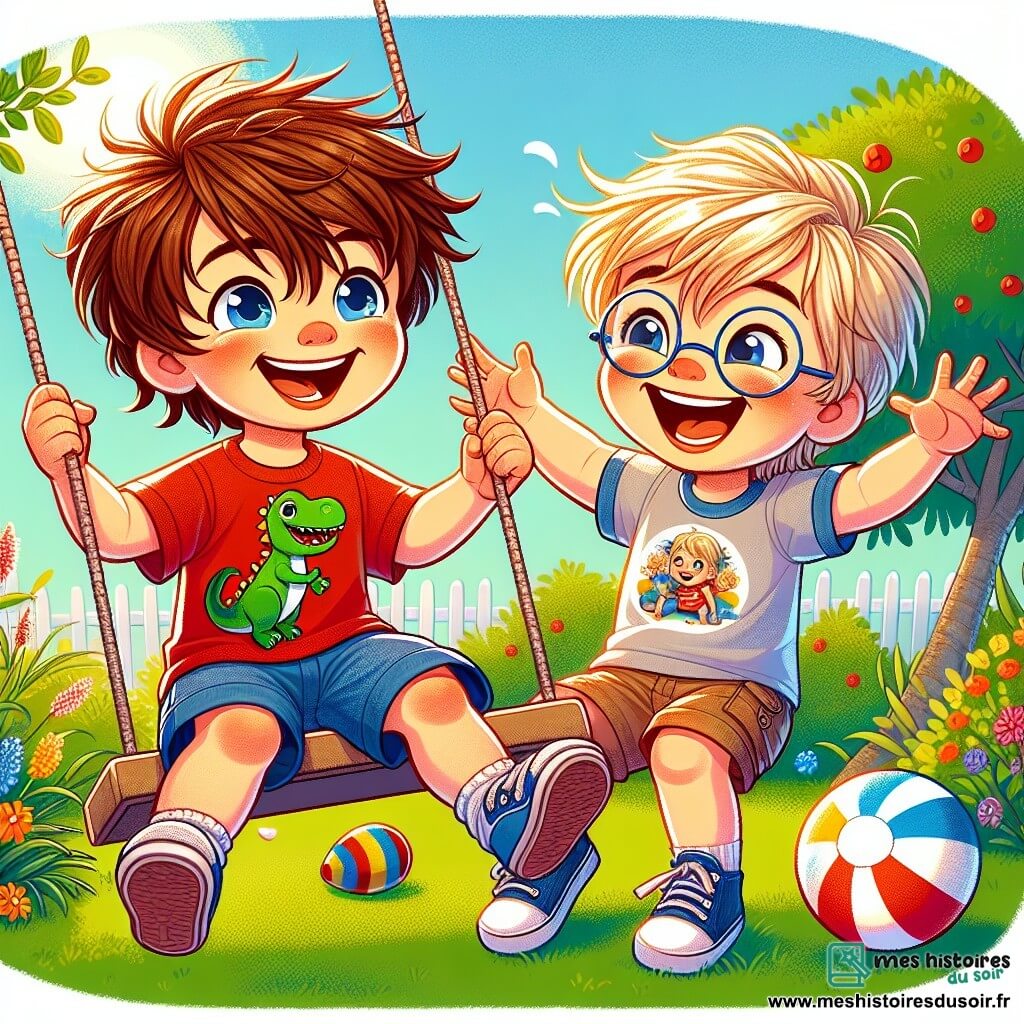 Un petit garçon de 3 ans, Tommy, avec des cheveux châtains en désordre et des yeux pétillants, est assis sur une balançoire dans un parc ensoleillé. Il porte un t-shirt rouge avec un dinosaure et un short bleu, souriant alors qu'il se balançe. À côté de lui, Max, un autre garçon de 3 ans avec des cheveux blonds et des lunettes rondes, rit en tenant un ballon coloré. Ils jouent sur une pelouse verte, entourés d'arbres et de fleurs multicolores, partageant un moment de bonheur et d'amitié.