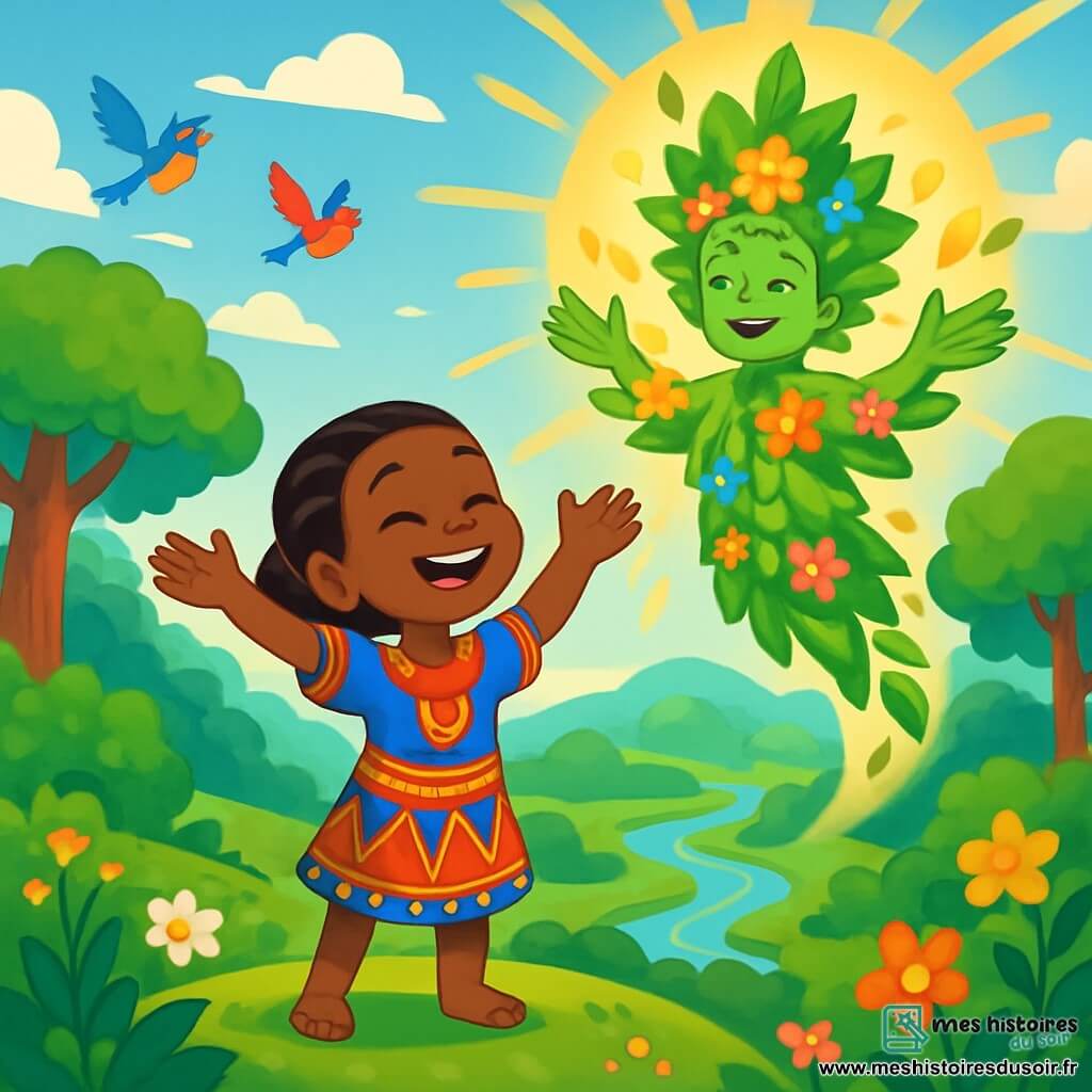 Amina, une jeune fille d'environ 10 ans, se tient au sommet d'une colline verdoyante, rayonnante de joie. Elle porte une robe colorée en tissu traditionnel avec des motifs africains et lève les bras vers le ciel. À ses côtés, l'Esprit de la Nature, une créature faite de feuilles et de fleurs, flotte dans les airs, souriant bienveillant. Le paysage est une forêt luxuriante avec des arbres géants et des fleurs multicolores. Au loin, une rivière scintillante serpente à travers la vallée, tandis que des oiseaux colorés volent dans le ciel bleu. Amina chante une douce mélodie pour faire briller le soleil, entourée par la beauté de la nature.