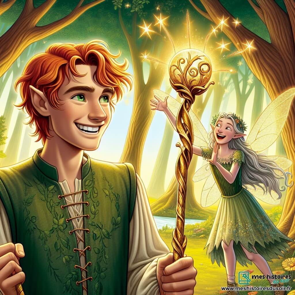 Au centre de l'image, Bran, un jeune homme aux cheveux roux, sourit avec détermination dans ses yeux verts. Il porte une tunique en lin vert et tient le Sceptre du Rire, une baguette dorée plantée dans le sol. À ses côtés, Neria, une fée aux ailes scintillantes, virevolte joyeusement, portant une robe de pétales de fleurs. Le décor est une clairière enchantée dans la Forêt Chantante, avec de grands arbres aux troncs noueux et des rayons de soleil illuminant la scène. Bran, fier, lève le Sceptre du Rire vers le ciel, tandis que des créatures de la forêt se rassemblent autour de lui pour célébrer son retour triomphal.
