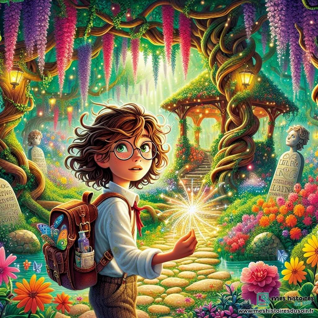 Zoé, une fille de 12 ans aux cheveux châtains bouclés et aux yeux pétillants de curiosité, se tient dans un jardin magique, avec un regard déterminé. Elle porte une robe légère à fleurs et un petit sac à dos rempli d'objets d'aventure, tenant une plume brillante aux reflets arc-en-ciel. Près d'elle, Théo, un garçon de 12 ans aux cheveux blonds en bataille et lunettes rondes, est assis sur un banc en bois, l'air inquiet mais souriant, attendant que Zoé le rejoigne. Le jardin enchanteur est rempli de fleurs éclatantes, de grands arbres noueux, et d’un kiosque envahi de glycines. Des statues de pierre souriantes et un chemin de galets scintillants ajoutent à la magie. Zoé est prête à s'aventurer plus loin pour résoudre une énigme et retrouver son ami, tandis qu'un vent léger fait danser les feuilles autour d'elle.