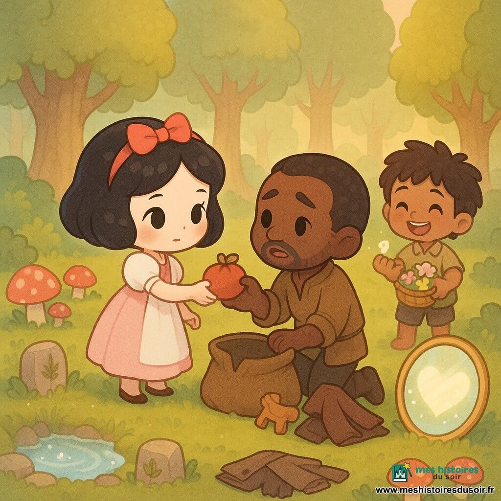 Blanche-Neige, au centre, expression douce et déterminée, cheveux noirs lisses et peau très claire, tend la main pour rendre un sac de fruits au marchand ; celui-ci, homme d'une quarantaine d'années au visage surpris puis repentant et aux vêtements terreux, dépose des jouets et un vieux manteau devant la clairière. À ses côtés, "Joie", un garçon d'environ 7 ans au sourire large et aux cheveux ébouriffés, tient une petite corbeille de fleurs en regardant une graine spéciale. La clairière, au cœur d'une forêt dense, a une herbe mousseuse, un cercle de pierres basses gravées d'une feuille, des champignons colorés et une petite source scintillante à gauche ; un miroir rond planté dans la mousse reflète la scène en forme de cœur lumineux avec reflets dorés et étincelles. Lumière douce de fin d'après-midi, palette pastel chaude, contours arrondis, ambiance calme et bienveillante : Blanche-Neige convainc le marchand de partager et la communauté se rassemble autour du cercle de pierres pour des gestes de don et de réconciliation.