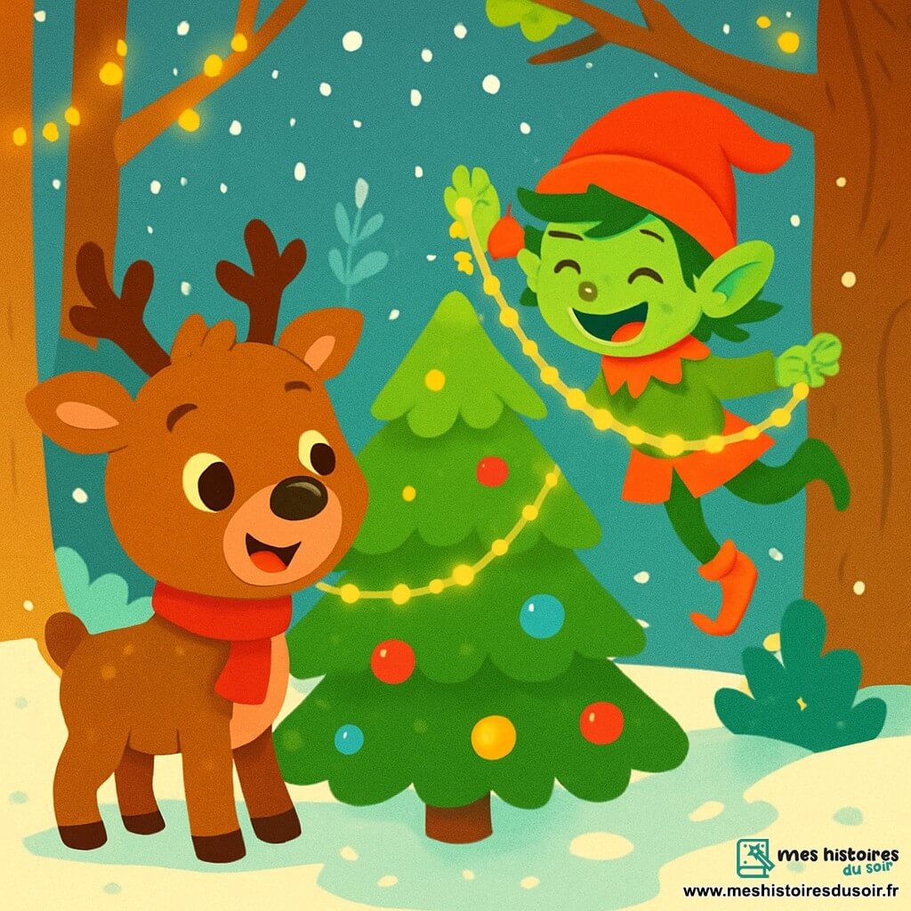 Un renne au pelage brun et aux yeux malicieux se tient au centre, souriant. Il porte un foulard rouge et regarde un lutin farceur. Le lutin, avec sa peau verte et ses cheveux en désordre, rit en étant accroché à une branche, portant un chapeau pointu rouge et tenant une guirlande scintillante. La scène se déroule dans une forêt enchantée, recouverte de neige, avec des lumières dorées et des flocons tombant doucement. Le renne et le lutin décorent un sapin de Noël avec des boules colorées et des guirlandes, riant et s'émerveillant de leur création.