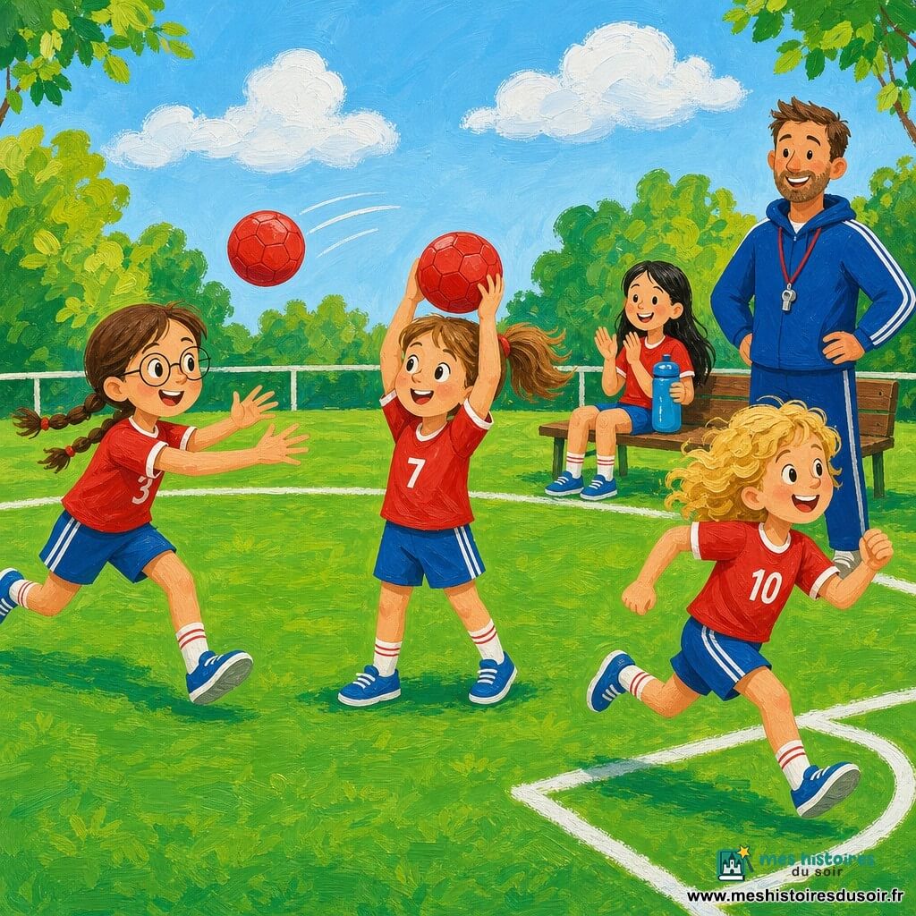 Léa, au centre, joyeuse et concentrée, cheveux châtain clair en queue de cheval, maillot rouge et short bleu, tient le ballon au-dessus de la tête prête à faire une touche; Samira, environ 9 ans, lunettes rondes et tresses, court à gauche vers Léa, enthousiaste, bras prêts à réceptionner; Zoé, environ 8 ans, cheveux blonds bouclés, sourit en courant légèrement à droite vers la zone de but; Emma, environ 9 ans, cheveux noirs lâchés, assise sur le banc à droite, tient une gourde et applaudit; l’entraîneur, homme d’environ 35 ans, debout près du banc, sourit et porte un sifflet; terrain en gazon vert vif avec lignes blanches, petit but au loin, ciel bleu clair avec quelques nuages et arbres bordant le stade; scène : moment de la touche, Léa lance le ballon vers Samira, ballon en vol, expressions heureuses; style : peinture acrylique texturée, coups de pinceau visibles, palette lumineuse et couleurs chaudes, formes simples et rondes, composition claire pour un enfant de 4 ans.
