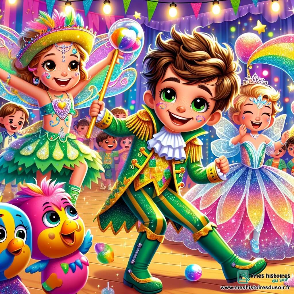 Milo, un garçon de 8 ans avec des cheveux bruns en bataille et un grand sourire, porte un costume de dragon à paillettes vert et or et danse joyeusement sur la scène. À ses côtés, Lila, une fille de 7 ans déguisée en fée des bulles avec une robe rose scintillante et des ailes transparentes, souffle des bulles colorées. Sam, également âgé de 8 ans, est habillé en pirate avec un chapeau noir et une épée en plastique, faisant des grimaces avec son perroquet en peluche. Le gymnase est décoré de guirlandes multicolores et de ballons, créant une ambiance festive. Milo et ses amis préparent leur chorégraphie pour le concours de costumes, entourés de rires et de musique entraînante.