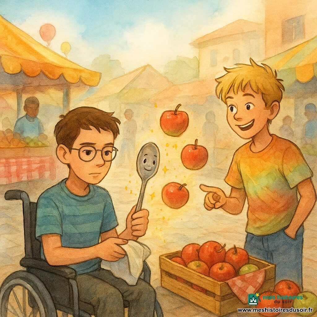 Trois personnages : Basile, 12 ans, peau claire, cheveux bruns courts, lunettes fines, en fauteuil roulant au premier plan à gauche, tient un petit torchon d’où dépasse une cuillère brillante ; Nino, 12 ans, cheveux blonds en bataille, t-shirt coloré et jean, debout à droite derrière Basile, sourit et montre des pommes qui flottent doucement ; la cuillère enchantée, en métal ancien avec de petites étincelles dorées et des yeux dessinés près du manche, posée dans les mains de Basile, guide timidement mais fièrement les pommes. Lieu : place de marché ensoleillée du village de Bric-à-Brume, étals en bois colorés, nappes à carreaux, caisses de pommes, pavés irréguliers et passants flous. Situation : scène légère et drôle de « sauvetage poli » où la cuillère utilise une petite magie courtoise pour arrêter et ramener les pommes dans un panier, avec poussière lumineuse autour des fruits et couleurs chaudes.