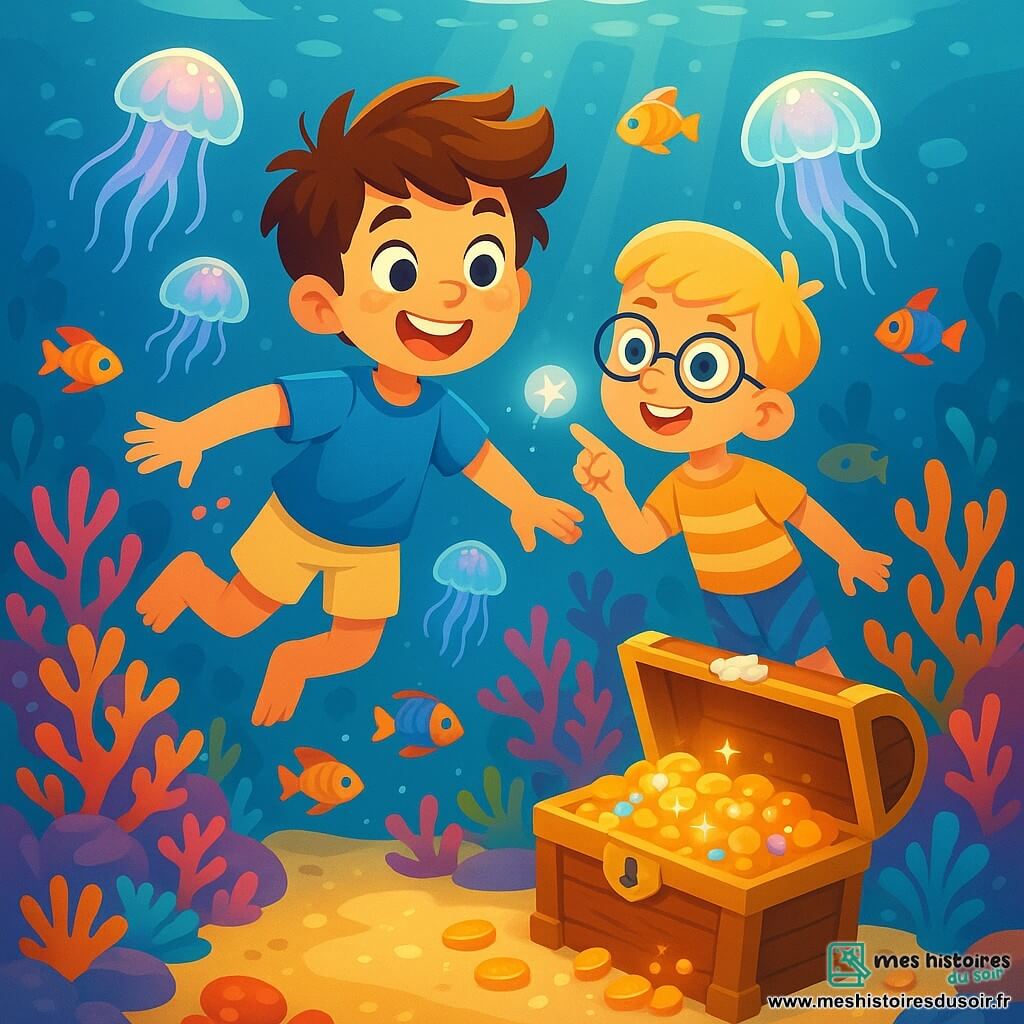 Arthur, un garçon de 10 ans aux cheveux bruns en bataille et aux yeux curieux, porte un t-shirt bleu et un short beige. Il nage avec enthousiasme parmi des méduses lumineuses. Léo, également âgé de 10 ans, a des cheveux blonds et des lunettes rondes, il porte un maillot de bain rayé et sourit en pointant une créature marine brillante. L'histoire se déroule dans un jardin sous-marin enchanteur, avec des coraux colorés et des poissons multicolores. Arthur et Léo explorent ce monde fascinant et découvrent un coffre en bois recouvert de coquillages, rempli de trésors scintillants.