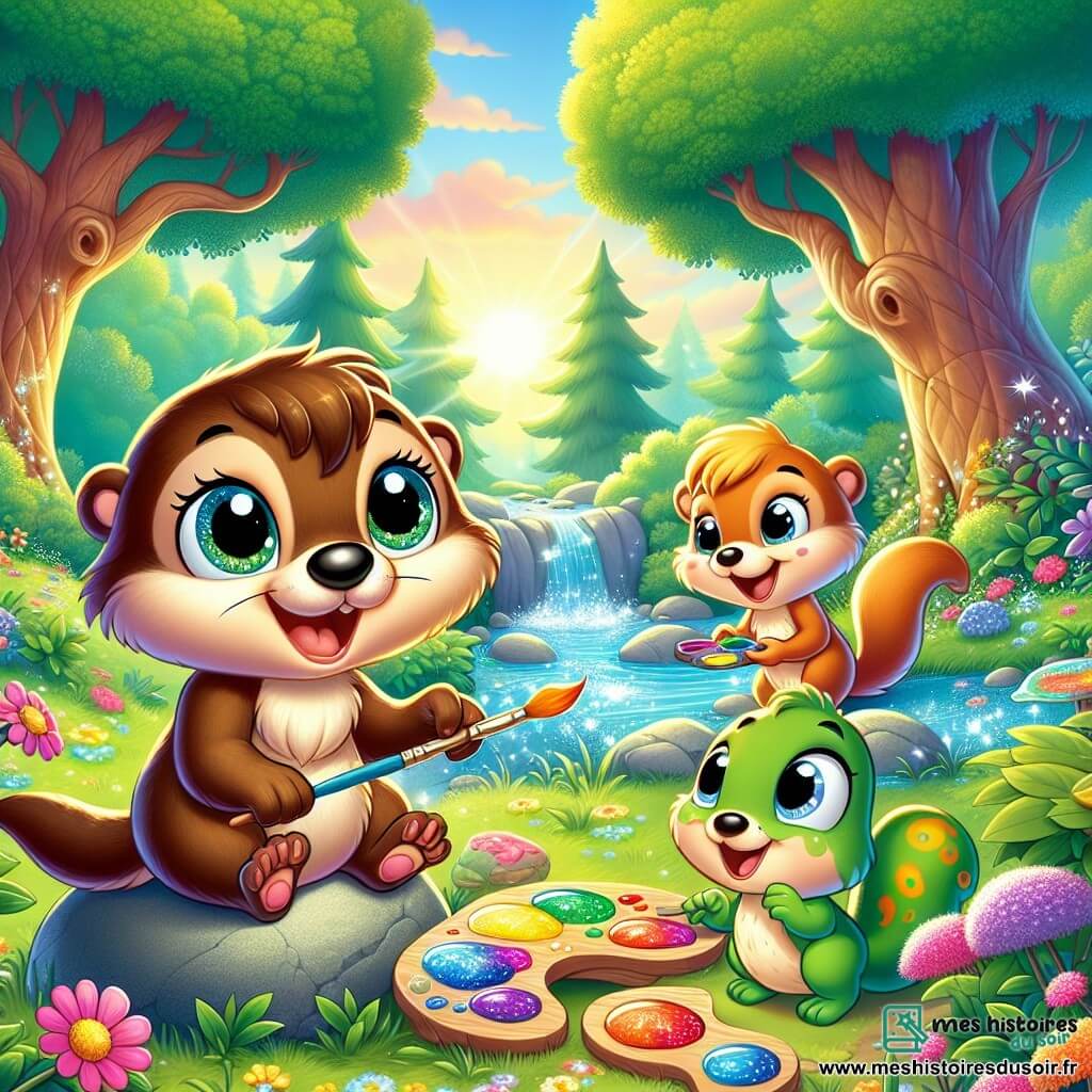 Ficelle, une petite fausse-loutre au pelage doux et brun, est assise sur un rocher dans une clairière ensoleillée, tenant une pierre colorée qu'elle vient de peindre. Elle sourit, pleine de joie. À côté d'elle, Grignote, un écureuil doré aux yeux malicieux, peint une autre pierre en riant. Un peu plus loin, Sauterelle, une petite grenouille verte avec des taches jaunes, saute autour d'eux, admirant leurs œuvres. La scène se déroule dans une clairière magique, entourée d'arbres majestueux et de fleurs colorées, avec un ruisseau scintillant à proximité. Ficelle et ses amis créent des pierres magiques, remplis de bonheur et d'amitié, tout en découvrant la beauté de la nature.