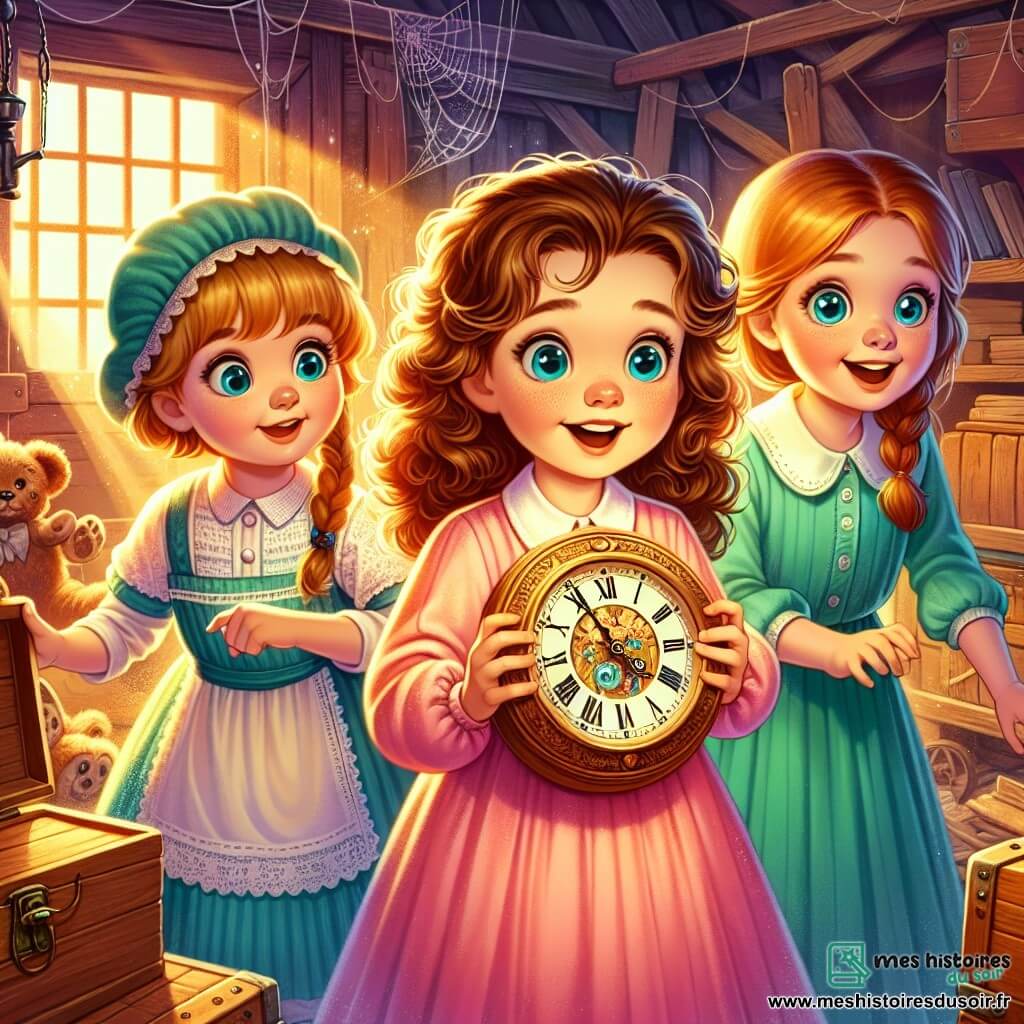 Trois petites filles de six ans, Élise, Zoé et Lila, se tiennent côte à côte dans un grenier poussiéreux. Élise, avec des cheveux bruns et bouclés, porte une robe rose et tient une montre ancienne. Zoé, aux cheveux blonds, est en robe bleue et regarde la montre avec curiosité. Lila, avec des cheveux châtains et une tresse, porte une robe verte et affiche une expression joyeuse mais inquiète. La lumière du soleil filtre à travers une fenêtre, créant une ambiance douce. Elles découvrent une montre magique, prêtes pour une aventure dans le temps, entourées d'un tourbillon de lumière colorée.