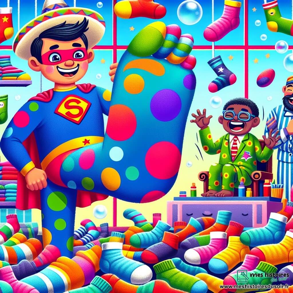 Un super-héros, Super-Pied, se tient au centre de l'image avec des pieds géants en forme de ballon de plage, un sourire éclatant et un costume coloré avec un grand S sur la poitrine. À ses côtés, Super-Cactus, un homme d'environ 30 ans avec un cactus en forme de sombrero sur la tête, rit en tenant un cactus en forme de main qui chatouille le Docteur Bof. Ce dernier, d'une quarantaine d'années, est assis sur un trône de chaussettes, vêtu d'un pyjama à pois, riant aux éclats avec des chaussettes volantes autour de lui. La scène colorée est remplie de chaussettes de toutes tailles, avec des murs décorés de blagues humoristiques et des bulles de savon flottant dans l'air. Super-Pied et Super-Cactus se préparent à capturer le Docteur Bof, qui rit en essayant d'échapper à un cactus chatouilleux.