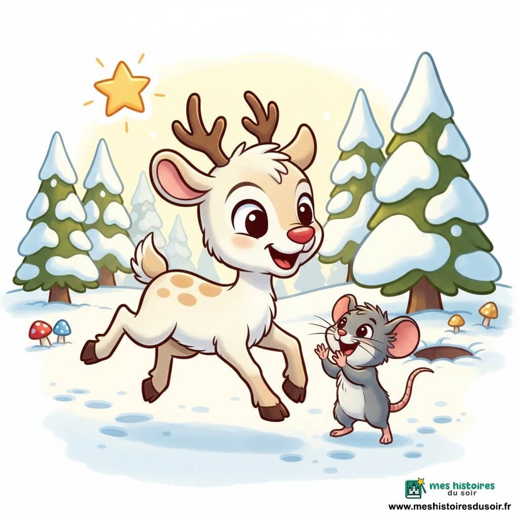 Un petit renne joyeux au pelage crème et taches claires, grands yeux brillants, sourire large et cornes fines, sautillant vers la droite; une petite souris grise aux yeux sombres, debout sur ses pattes arrière, applaudissant et riant près du sabot avant droit du renne; une étoile jaune à cinq branches en haut à gauche; forêt enneigée en arrière-plan avec sapins arrondis, sol blanc et quelques champignons près d'un trou de souris; palette pastel, contours doux et lumière matinale dorée, ambiance chaleureuse et enfantine; composition centrée sur l'échange joyeux avec des personnages lisibles et de l'espace vide autour.